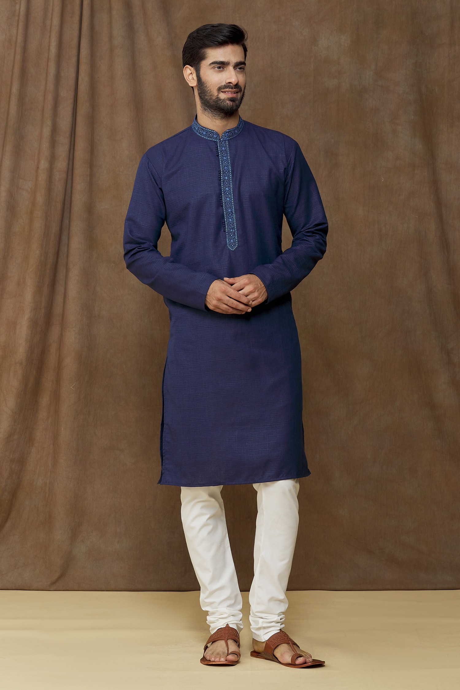 Samyukta Singhania Blue Kurta: Linen Cotton Plain Floral Thread Work Placket Set For Men