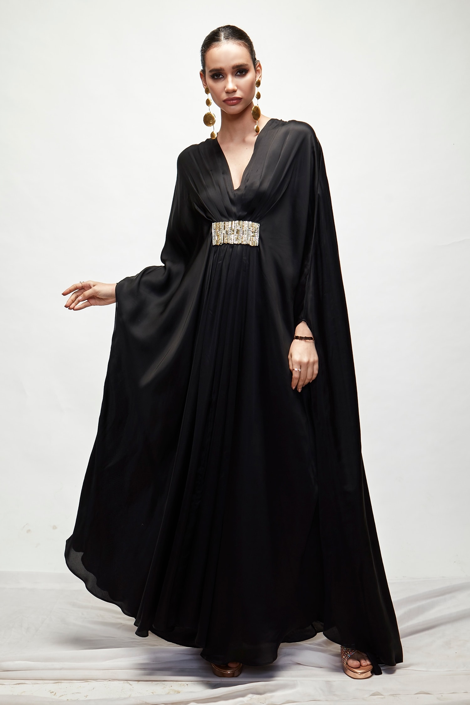 Buy Black Silk Embroidered V Neck Kaftan For Women by Ranian Online at ...