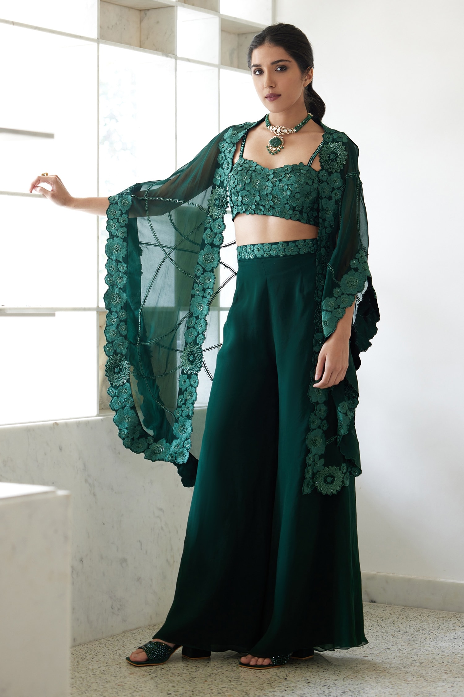 Buy Green Organza Embroidered Floral Bustier: Leia Cape And Flared Pant ...