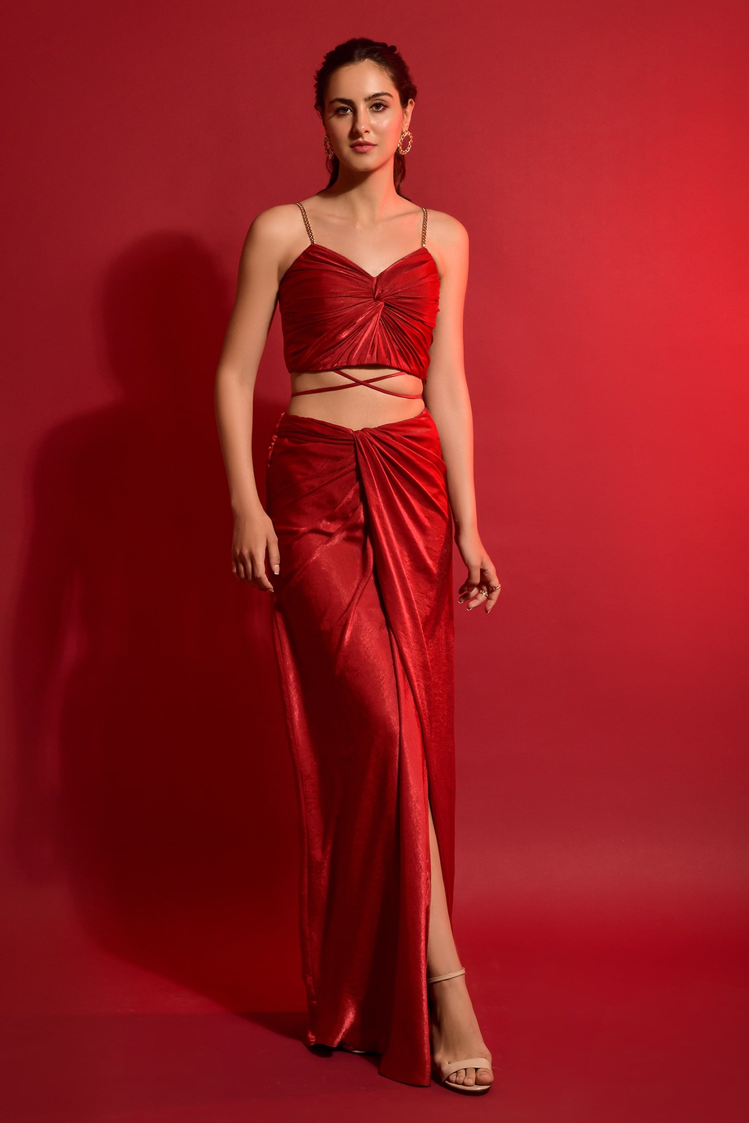 Buy Red Satin Plain V Neck Bralette With Pant Set For Women by Deme by  Gabriella Online at Aza Fashions.