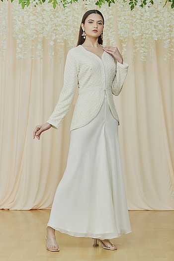 CREAM MATKA SILK KURTA PALAZO WITH ORGANZA ODHINI