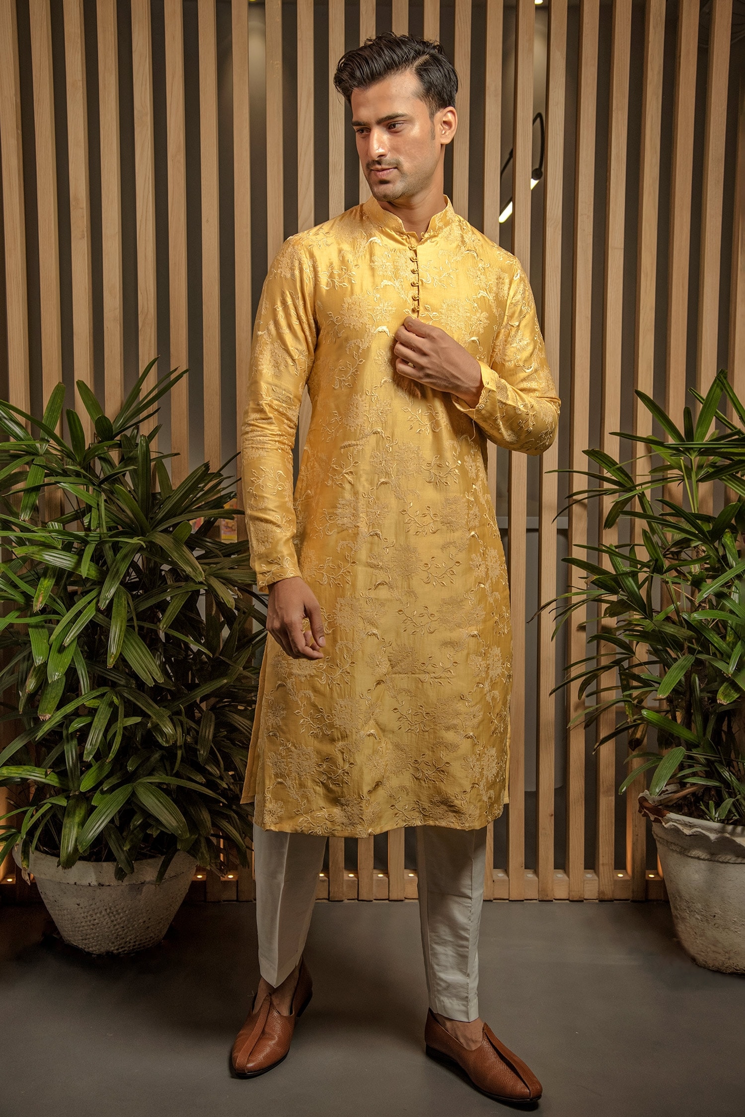 Buy Darshika Menswear Yellow Silk Thread Embroidered Kurta Set Online