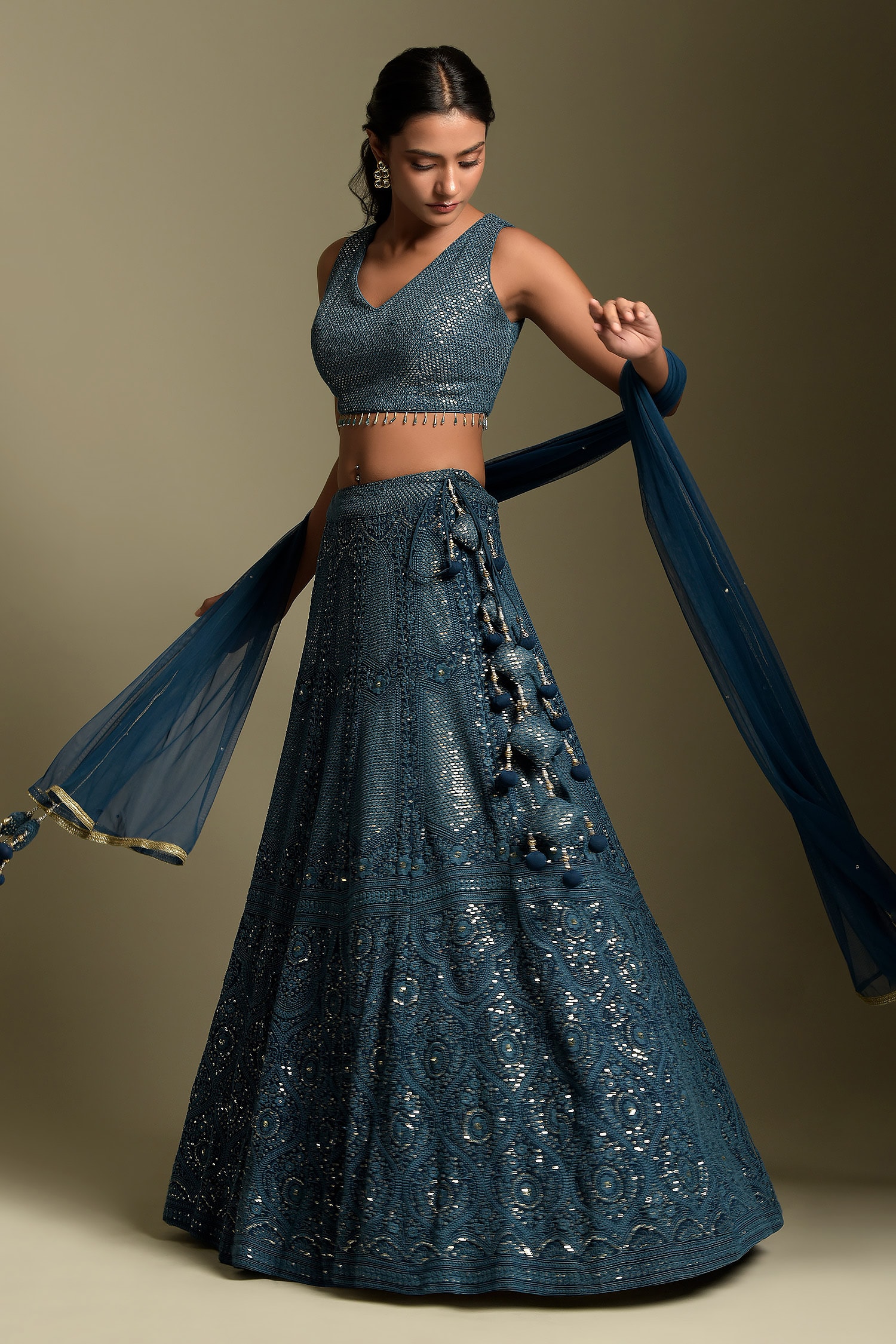Two Sisters By Gyans Blue Georgette Embellished Sequins V Neck Monotone Lehenga Set For Women