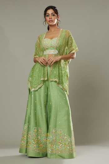 Green Printed Silk Blend Kaftan Kaftan With Palazzos