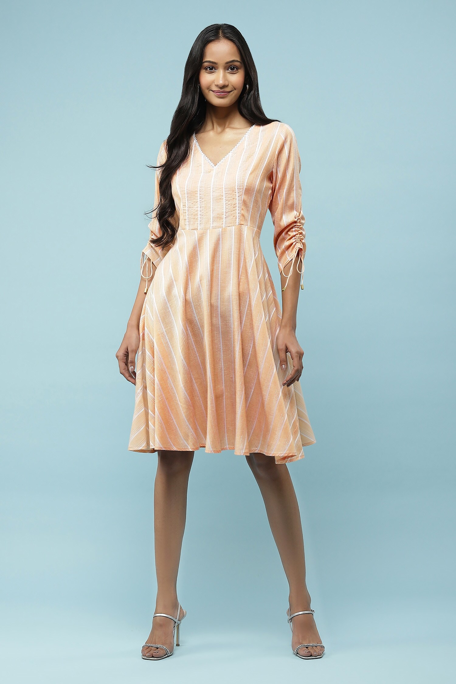 Buy Orange 72 Polyester Striped V Neck Pattern Dress For Women by Aarke Ritu Kumar Online at