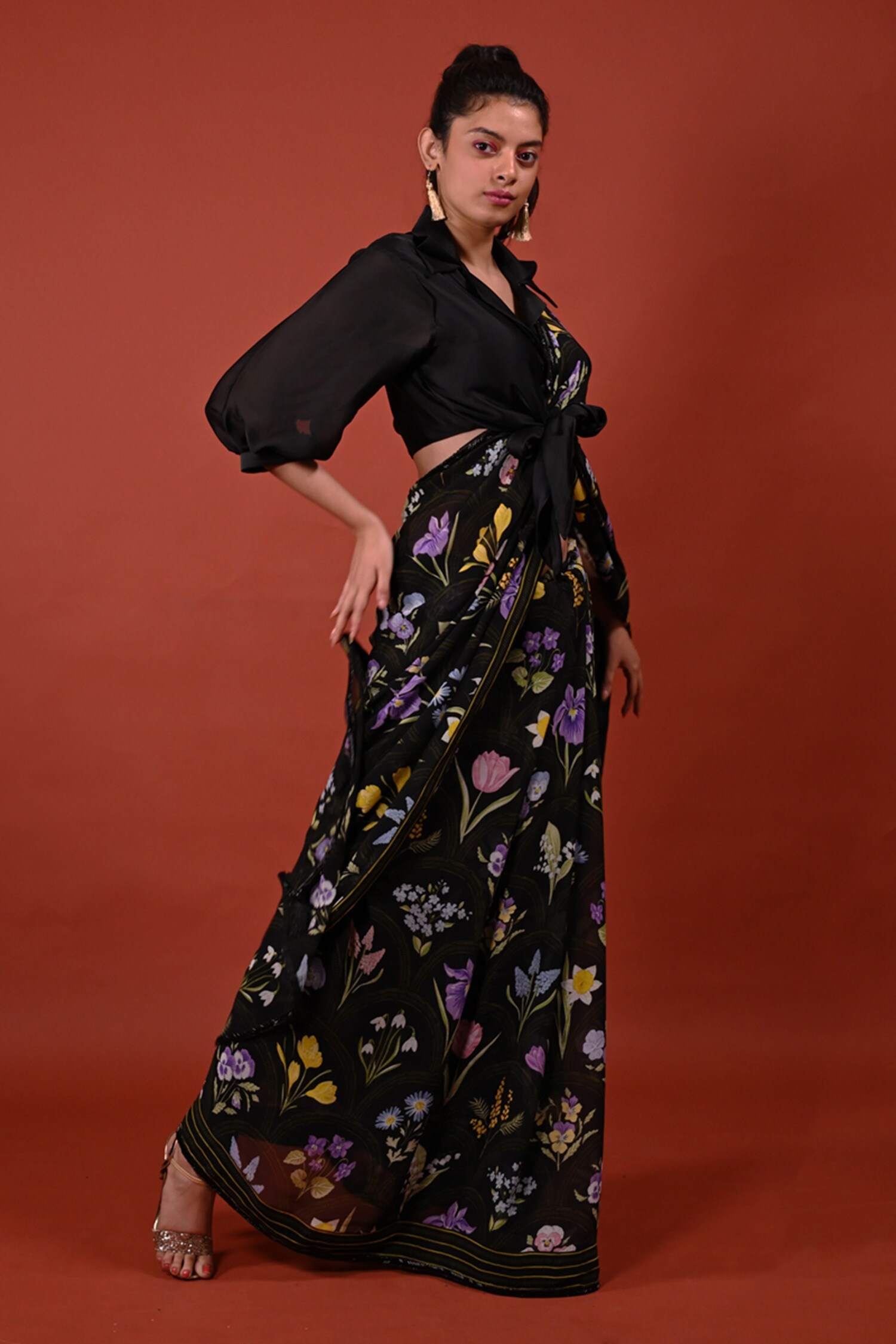 Rimi Nayak Black Georgette Assorted Floral Print Saree