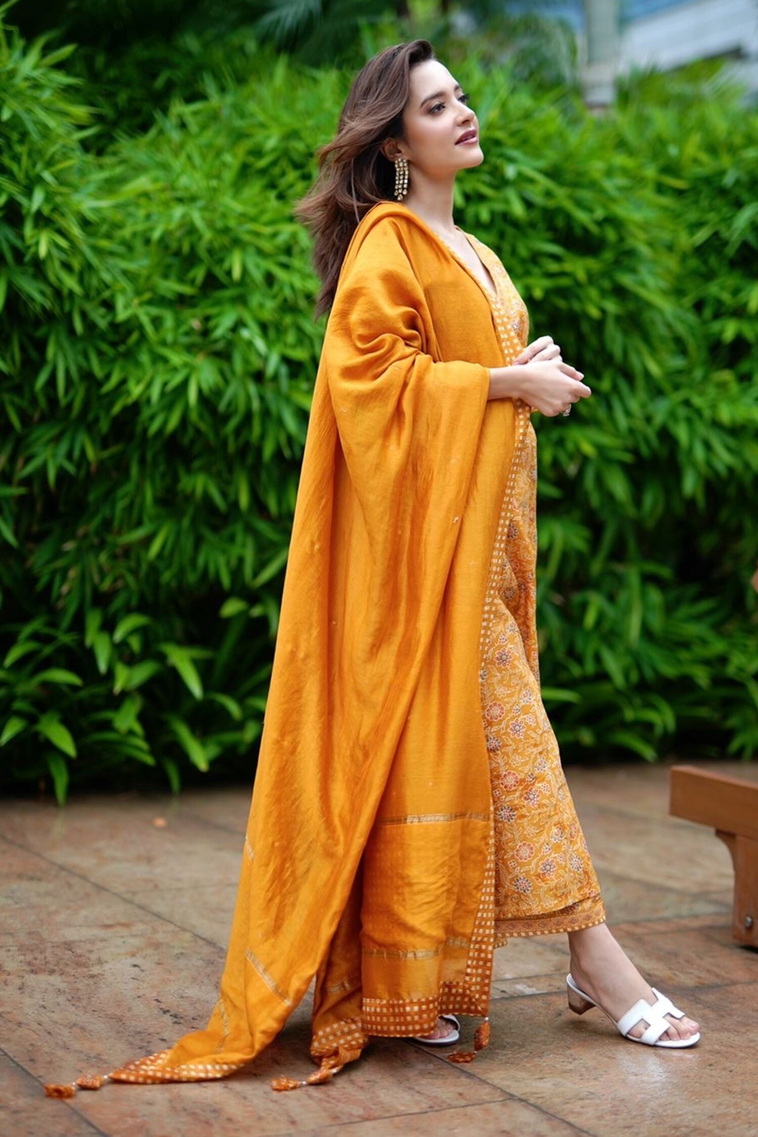 Shrutkirti Yellow Chanderi Printed Floral V Neck Straight Kurta Palazzo Set For Women