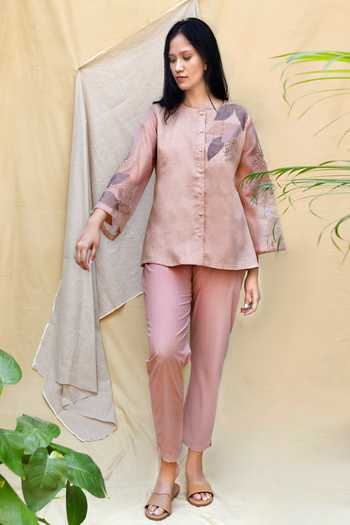 Cotton Chanderi Shirt with Embroidery and Straight Pant in Silk Chander