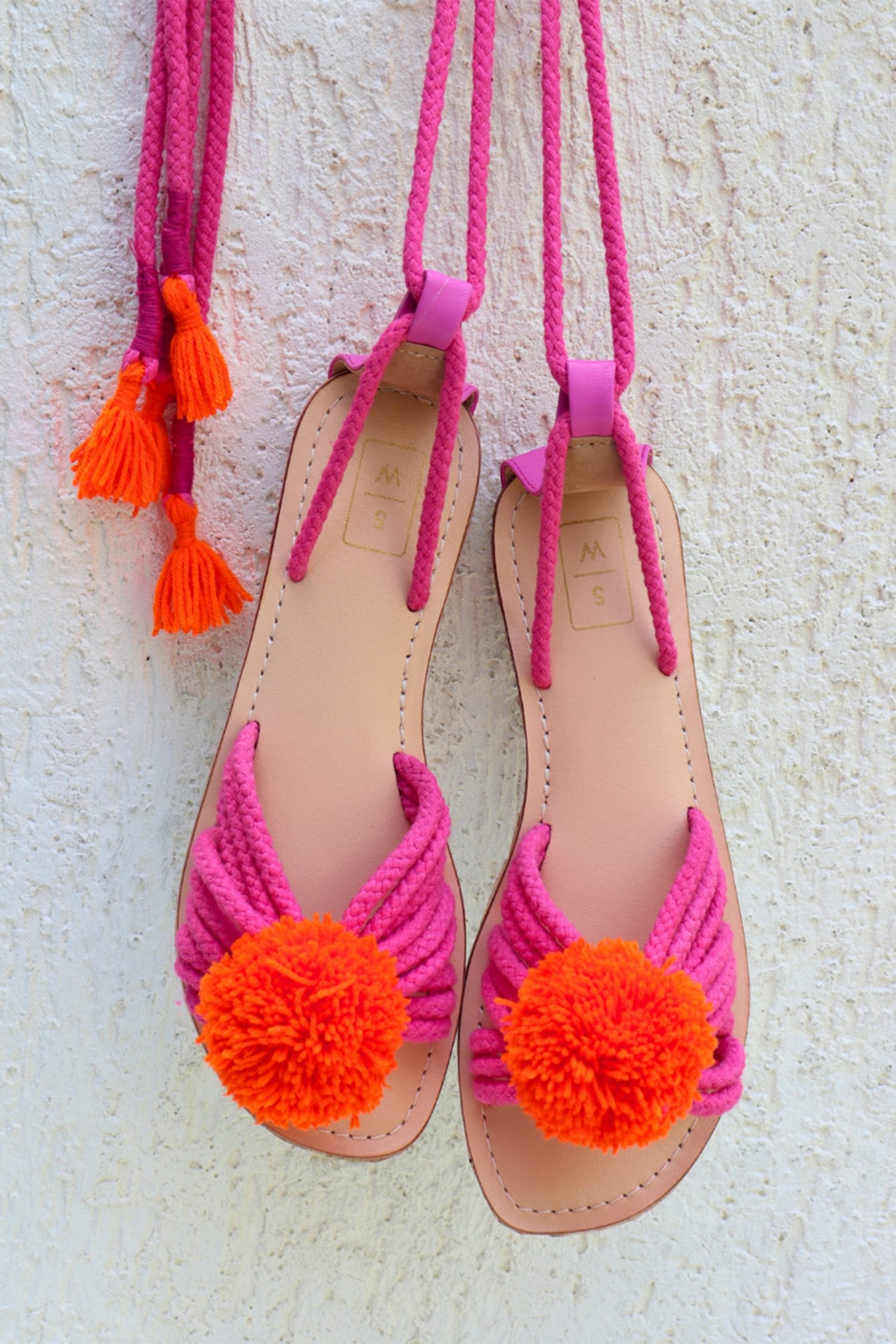Sandalwali Pink Leather Pom Pom Tie Up Sandals