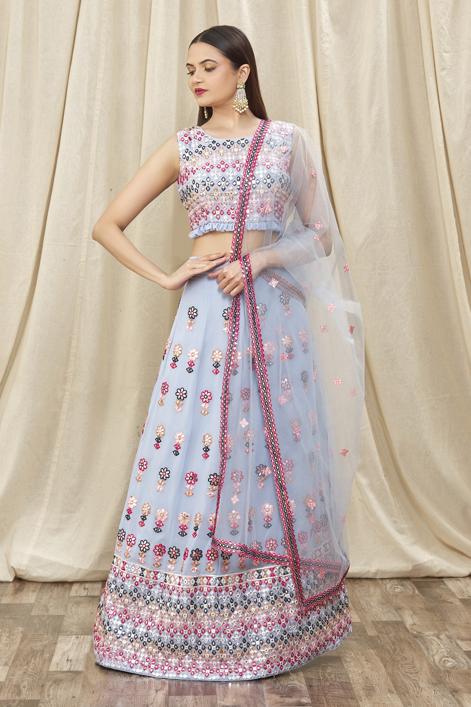 Buy Nazaakat by Samara Singh Blue Embroidered Panelled Lehenga Set ...