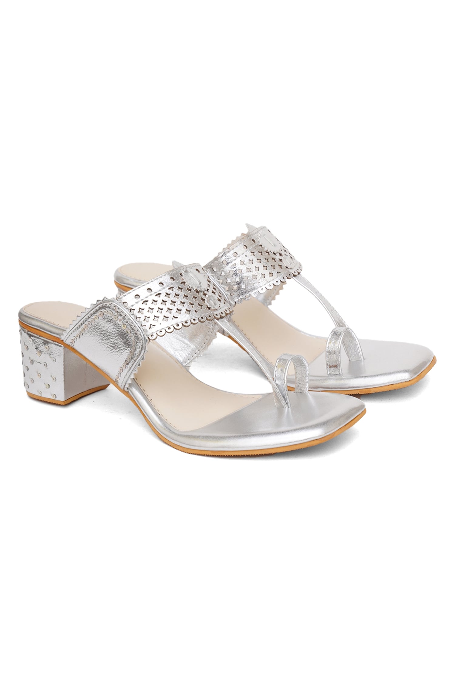 Sole House Silver Pu Leather Naazia Metallic Kolhapuri Block Heels
