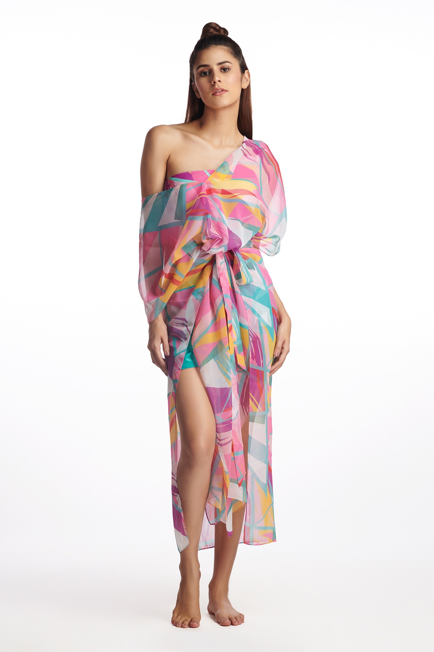 Kai Resortwear Pink Georgette Geometric One Shoulder Kaftan Cover Up For Women