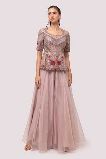 Orni Fashion Purple Bandhej Print Peplum Top