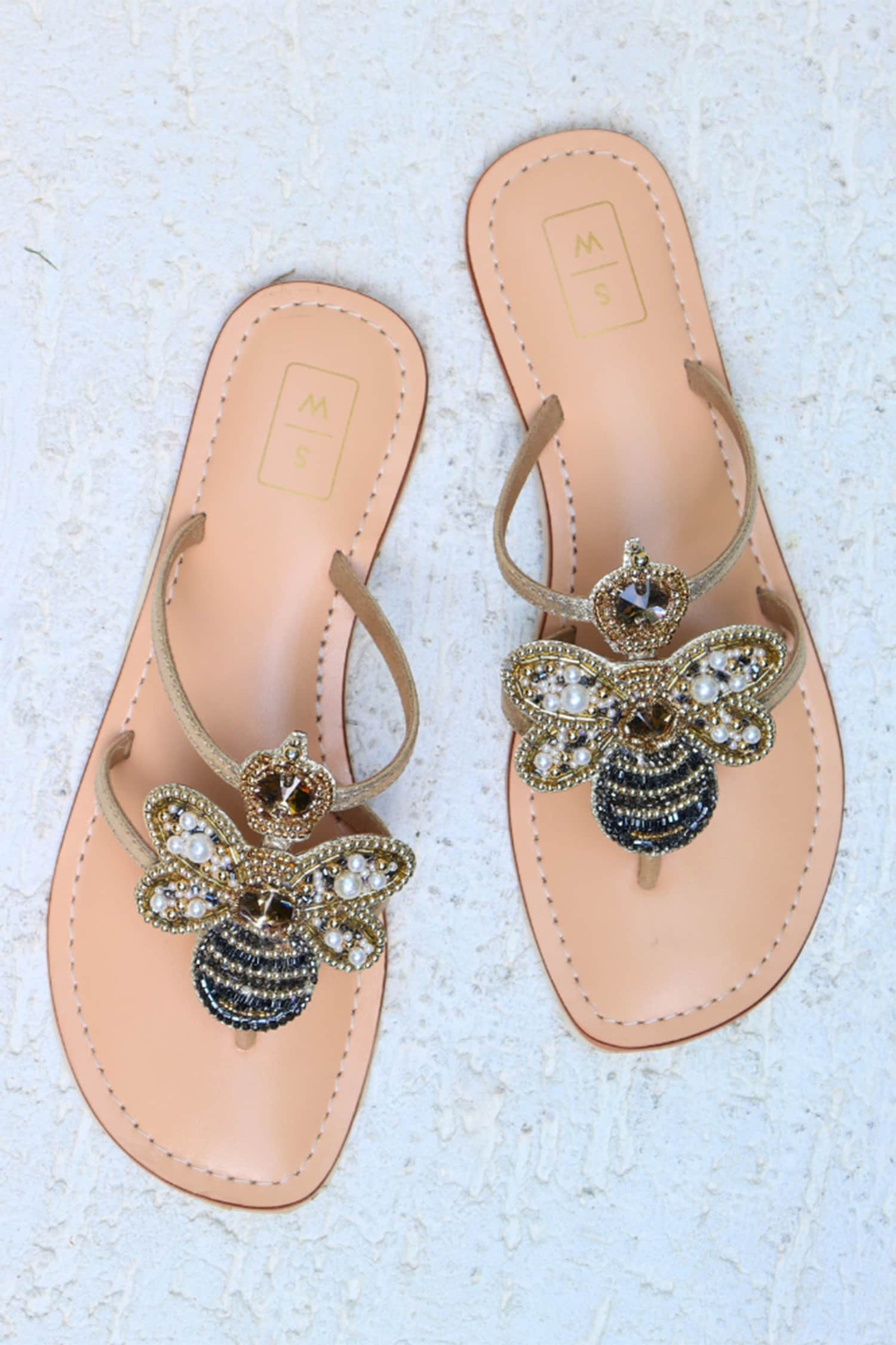 Sandalwali Gold Leather Queen Bee Embroidered Sandals
