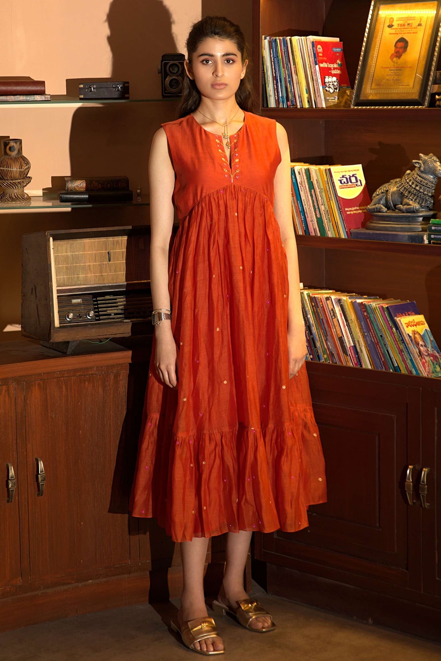 Flared Pleated Orange Dress - Ayaany.com