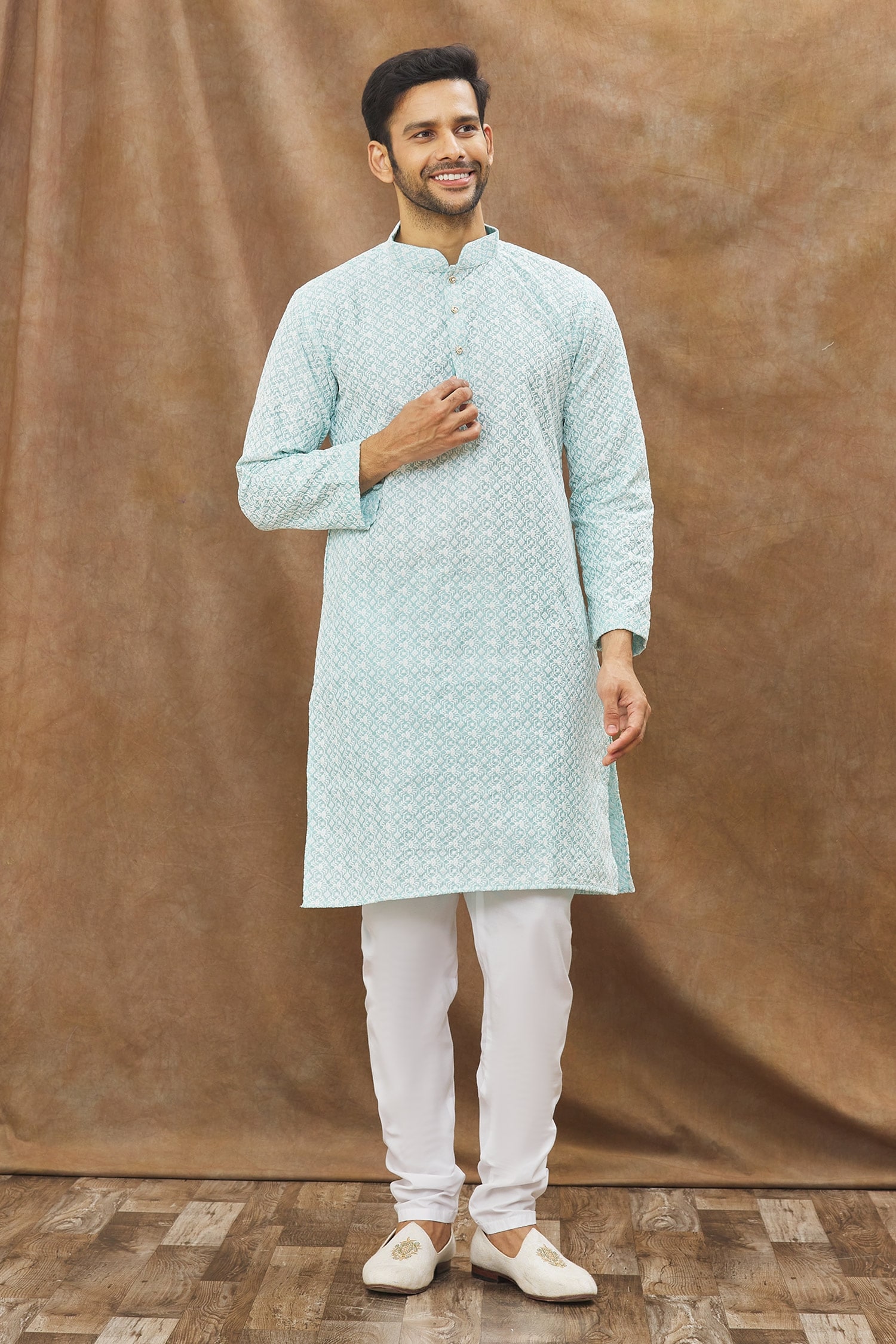Arihant Rai Sinha Blue Kurta: Cotton Art Silk Embroidered Floral Pattern Set For Men