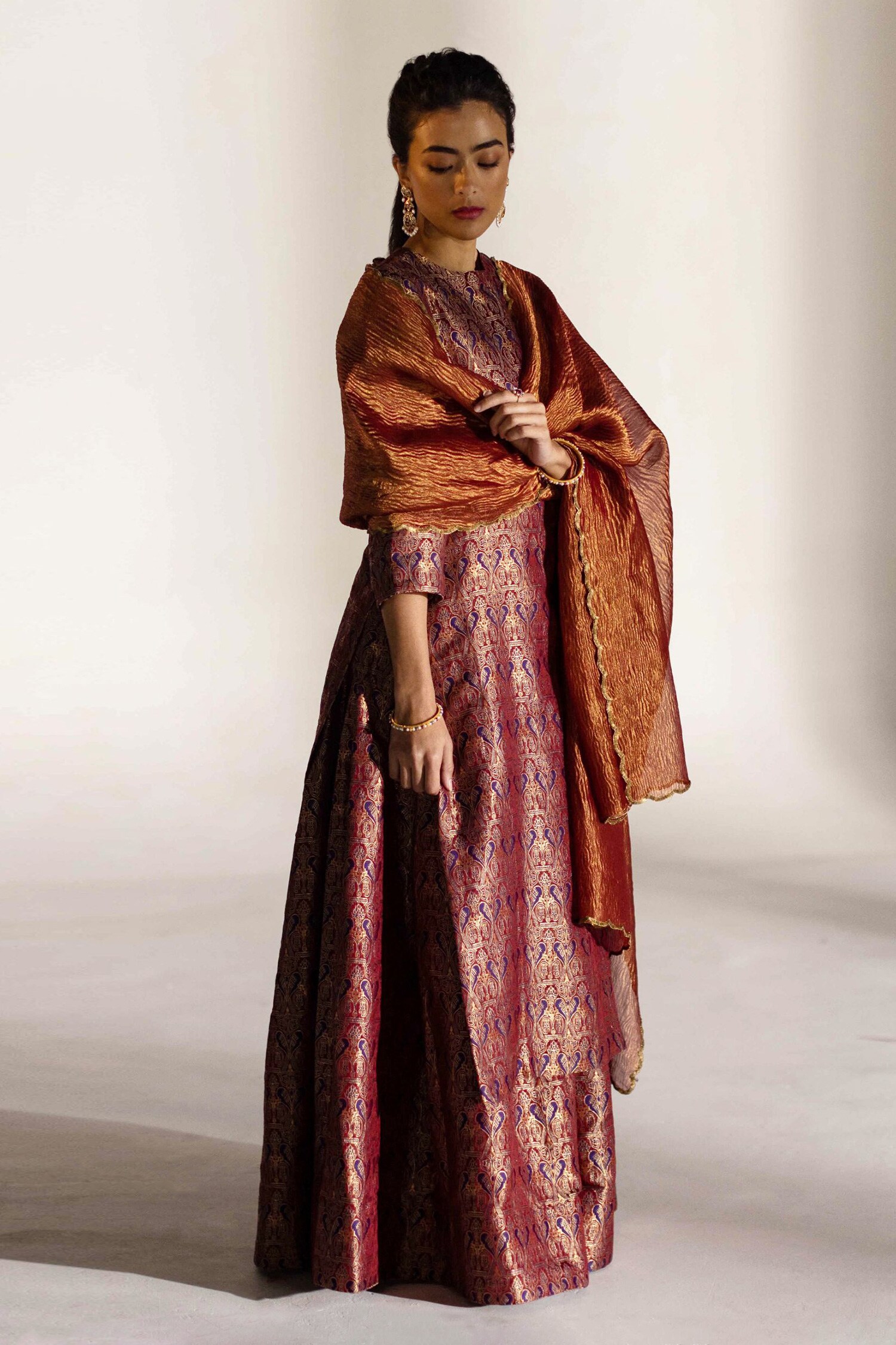 Mimamsaa Red Nefeli Tissue Silk Crushed Dupatta
