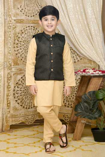 Boy Gold Foil 3 Pc Kurta Set - Black