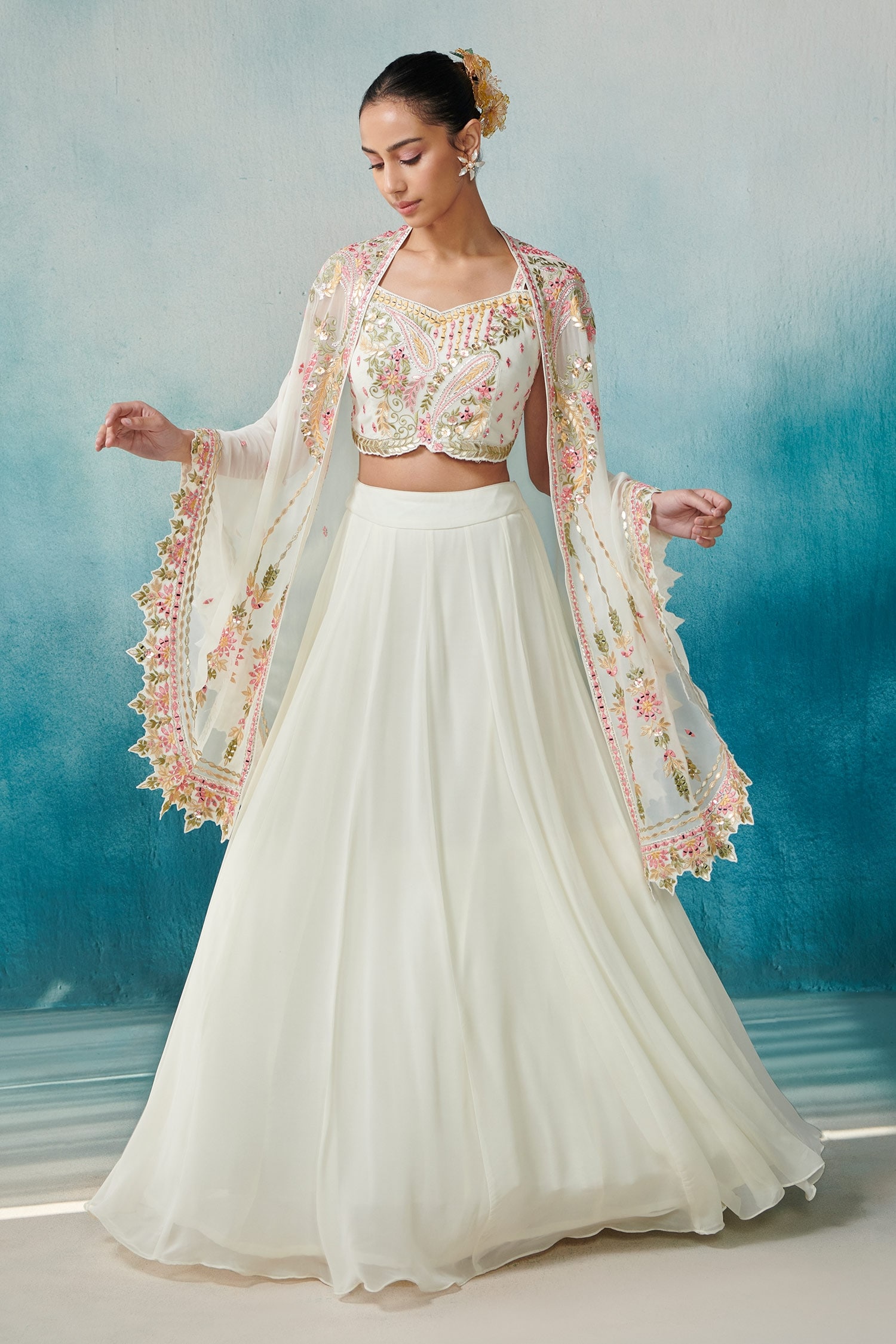 Suhino Off White Georgette Embroidered Floral Notched Neck Cape And Skirt Set For Women