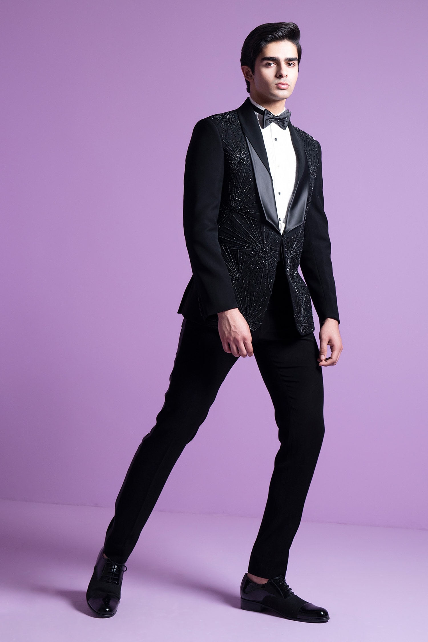 Buy Black Italian Suiting Embroidered Moonbeam Embellished Tuxedo Pant