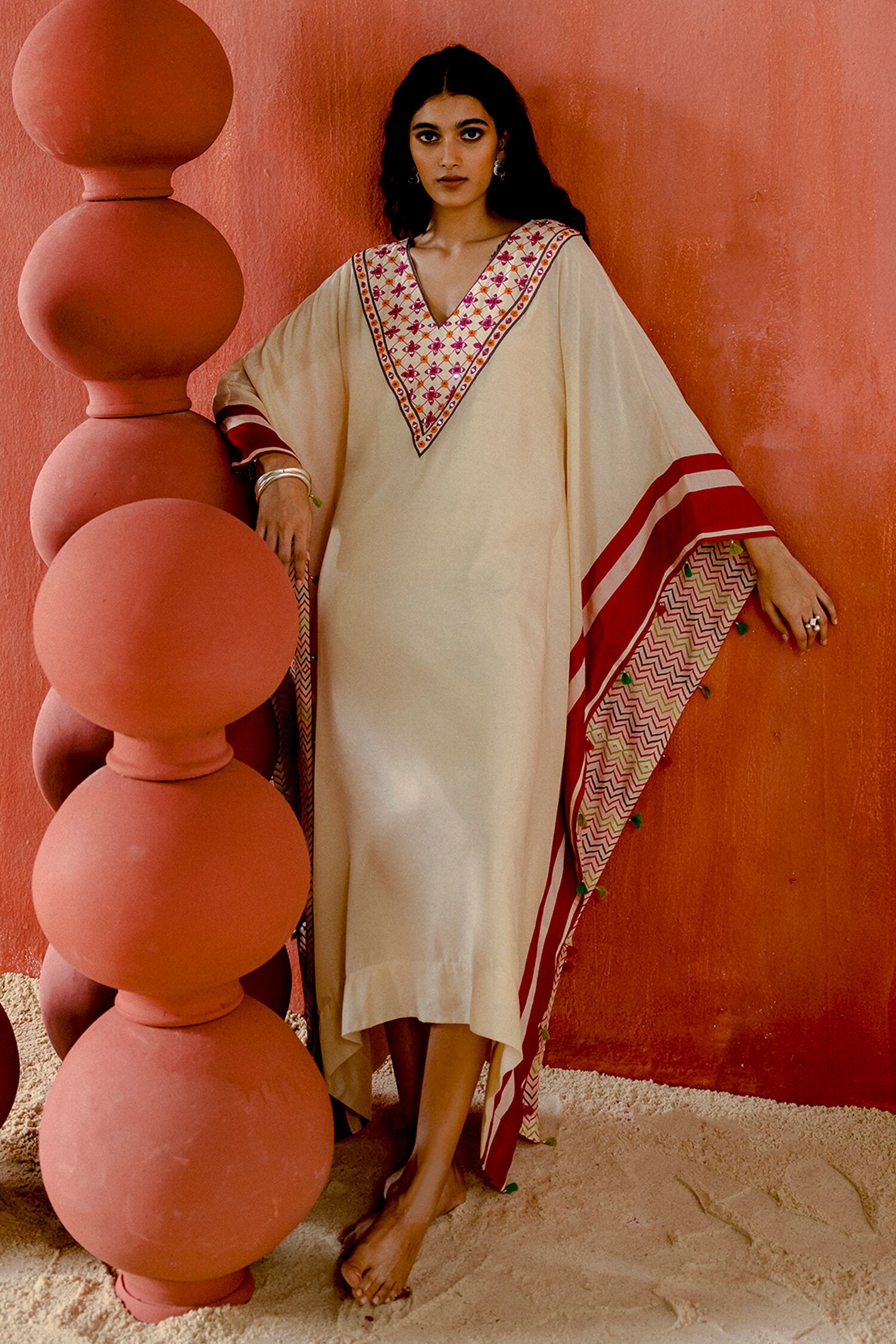 Amisha Kothari Beige Cotton Silk Anika Printed Kaftan