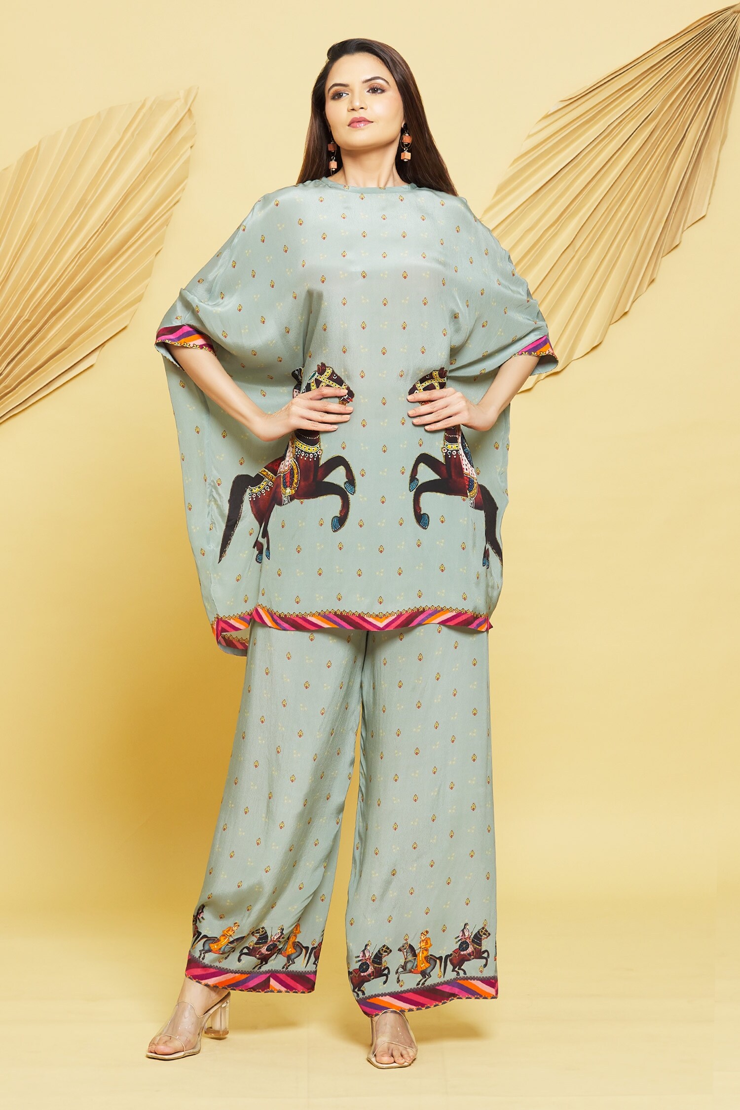 Buy Rajat K Tangri Grey Crepe Horse Rider Pattern Kaftan Tunic And Pant Set Online Aza Fashions