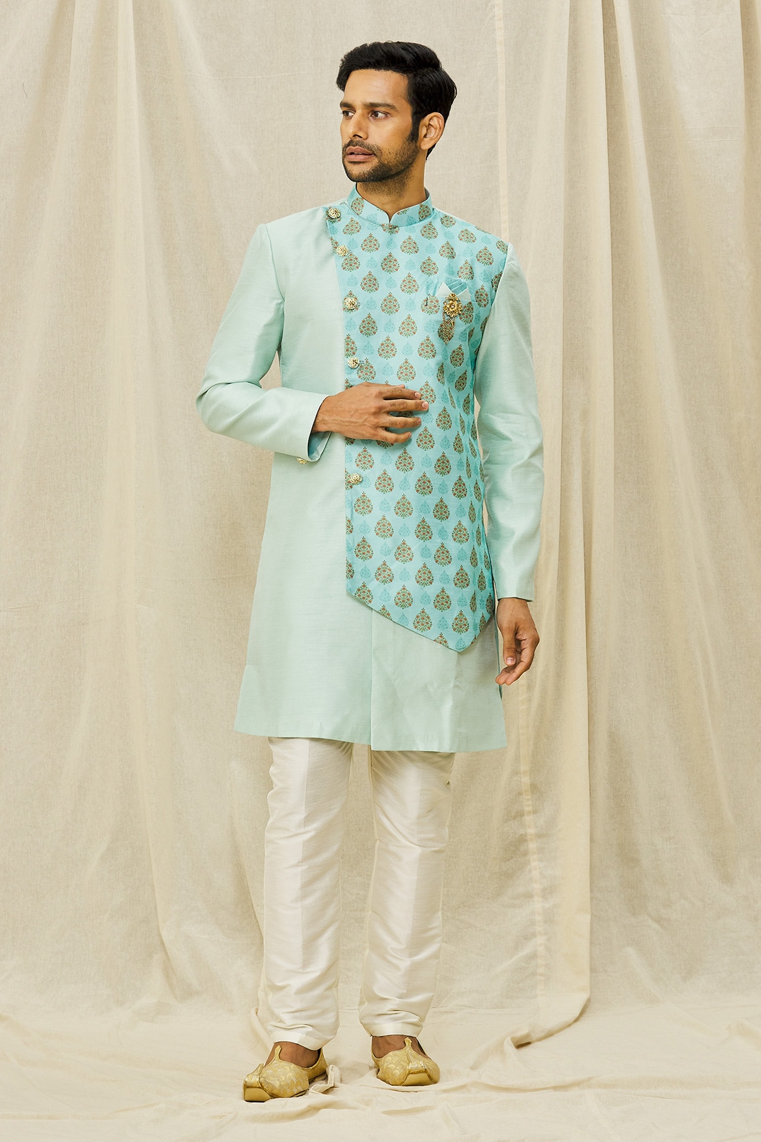 Buy Naintara Bajaj Green Art Silk Sherwani With Aligarh Pant Online ...