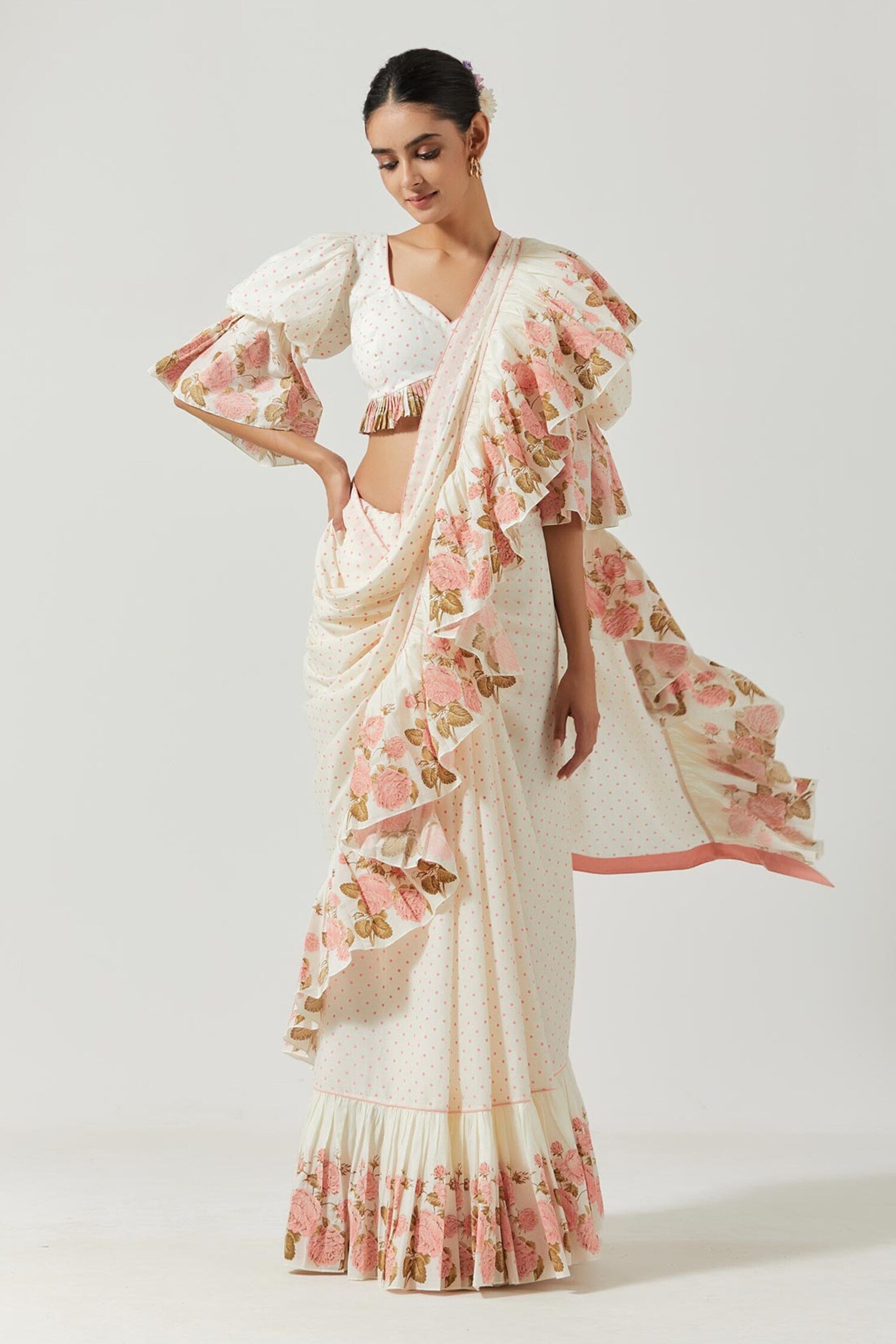 Label Earthen Ivory Cotton Mul Ruffle Saree With Blouse