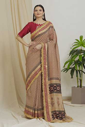 Red Tree Yellow Base Ethnic KotaDoria Block Printed Cotton Saree With Blouse main image 0