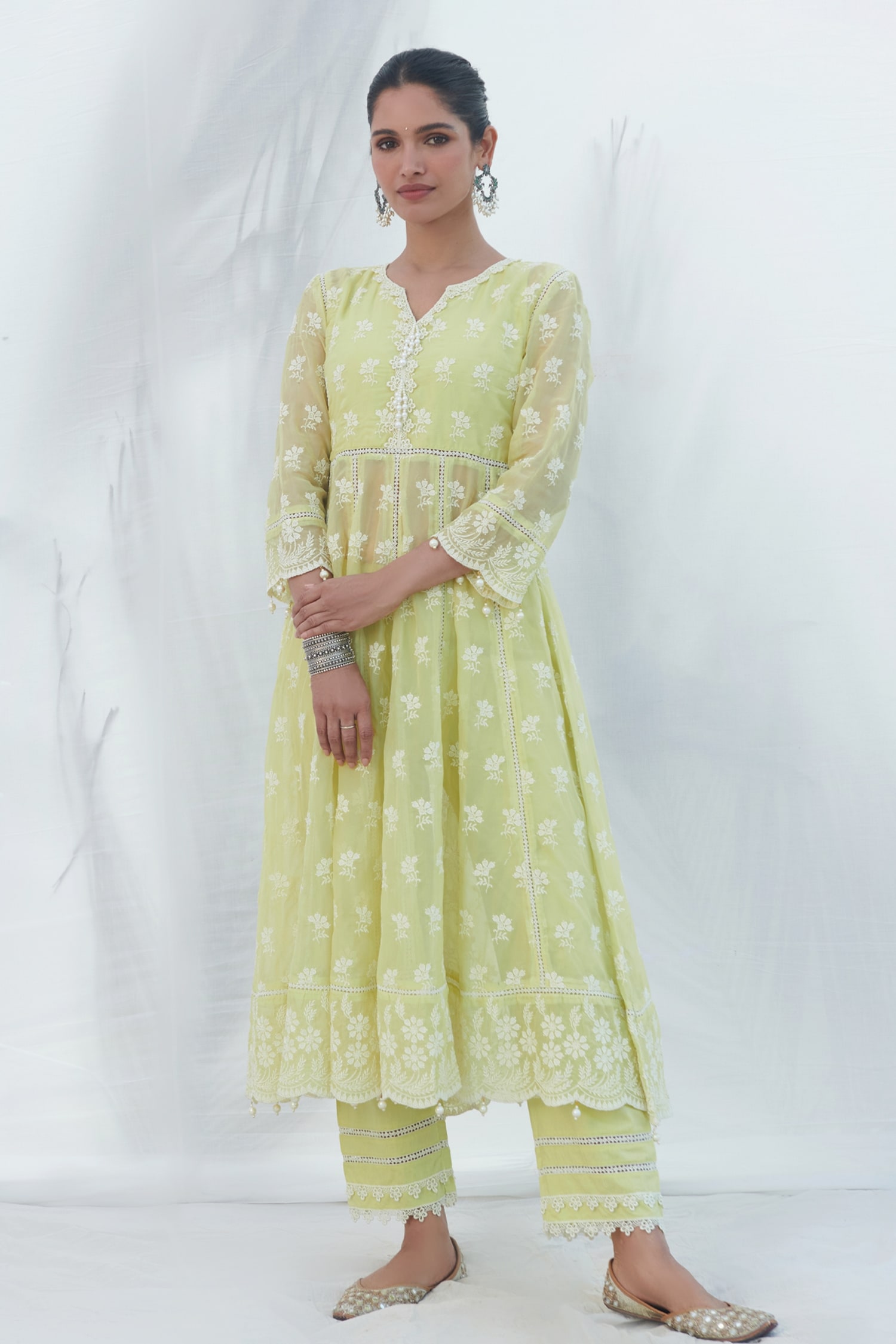 Buy Mulmul Green Pure Mulmul Surla Floral Embroidered Anarkali With