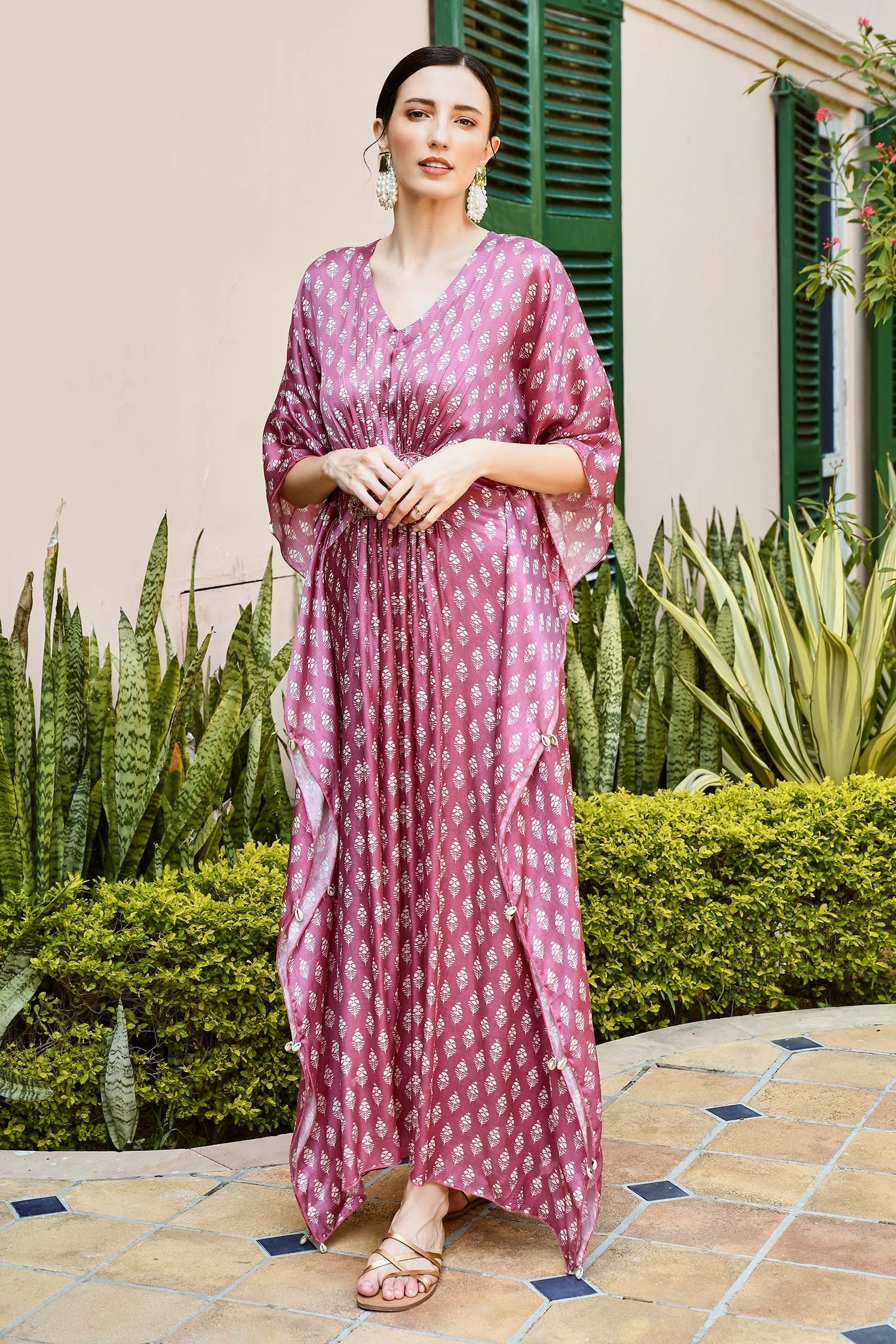 Buy Pink Gazi Silk And Embroidery Floral V Neck Kaftan For Women by ...