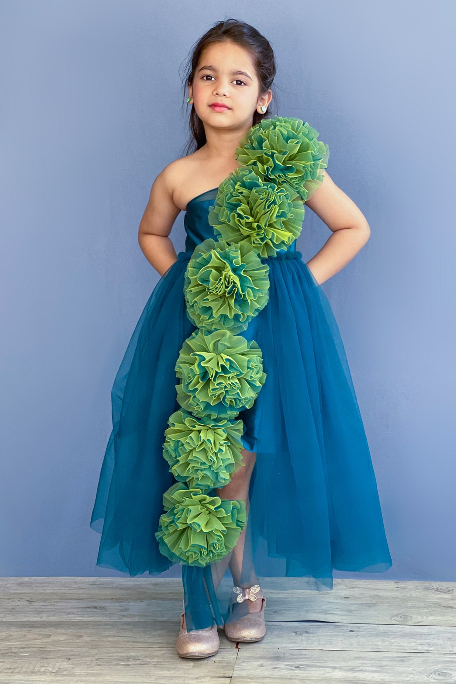 Buy Blue Taffeta Embellishment Flowers One Shoulder Gown For Girls by ...