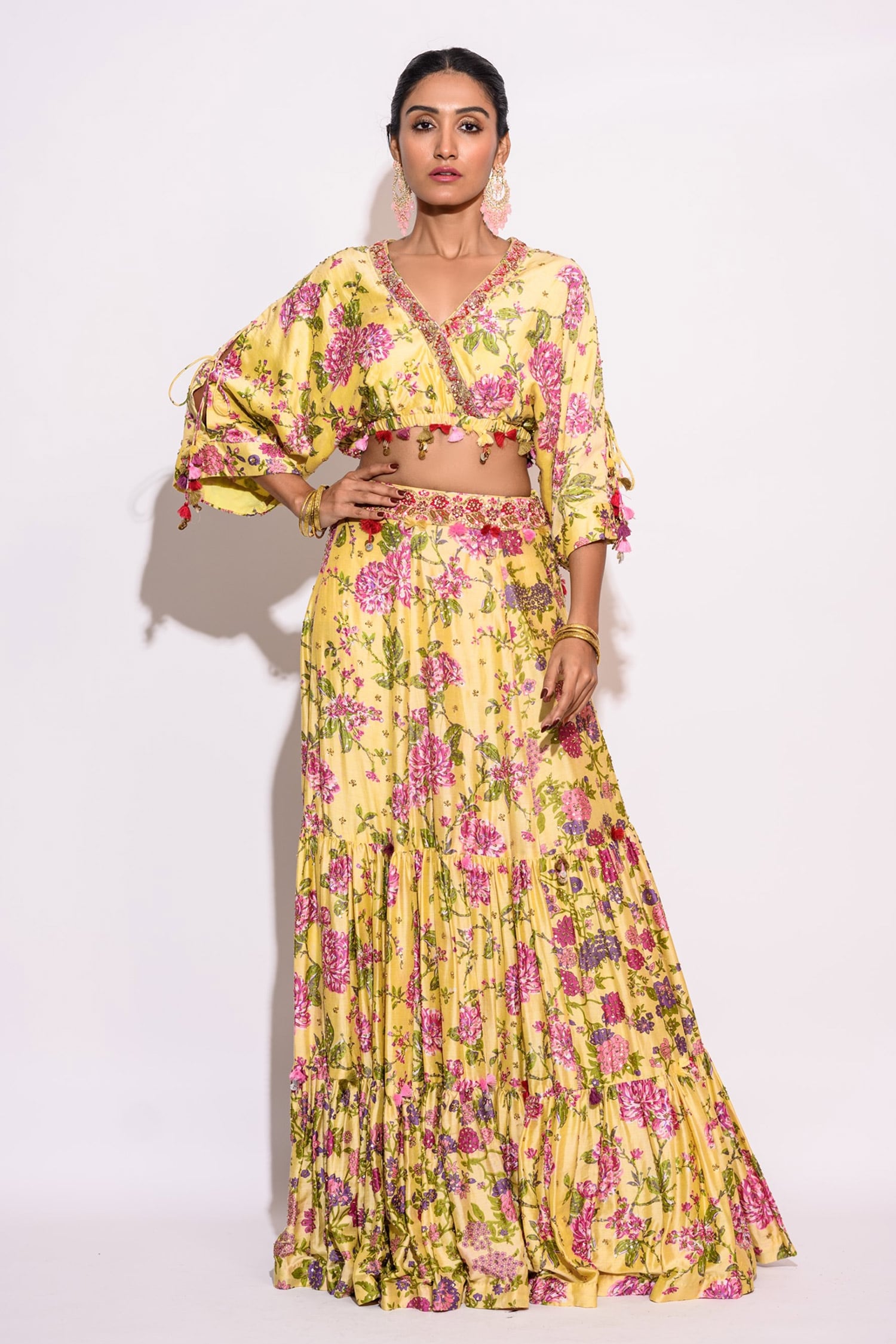 Buy Yellow Silk Print And Embroidery Floral V Neck Top & Skirt Set For
