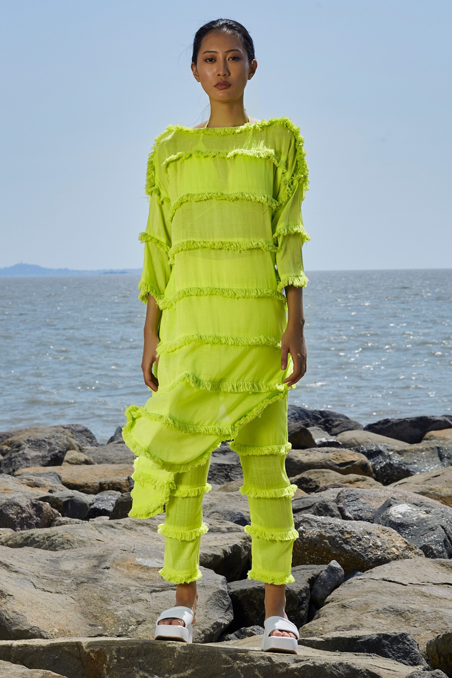Buy Mati Green Cotton Neon Fringe Tiered Tunic Online | Aza Fashions