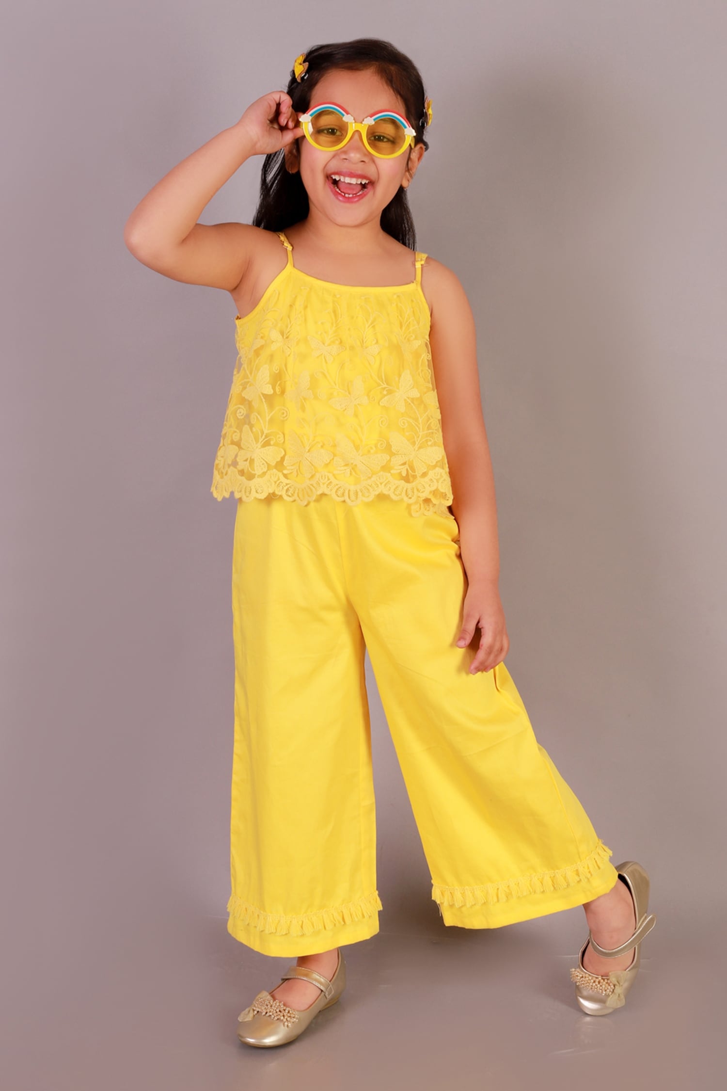 Buy Yellow Cotton Embroidered Lace Jumpsuit For Girls by LIL DRAMA