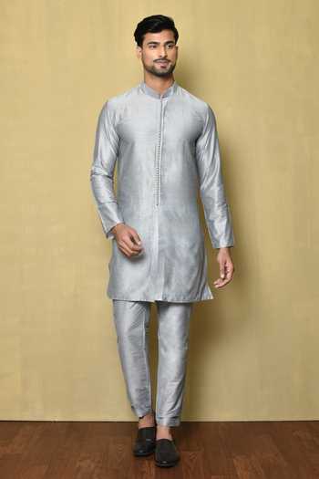 Men Grey Cotton Slik Straight Kurta main image 0