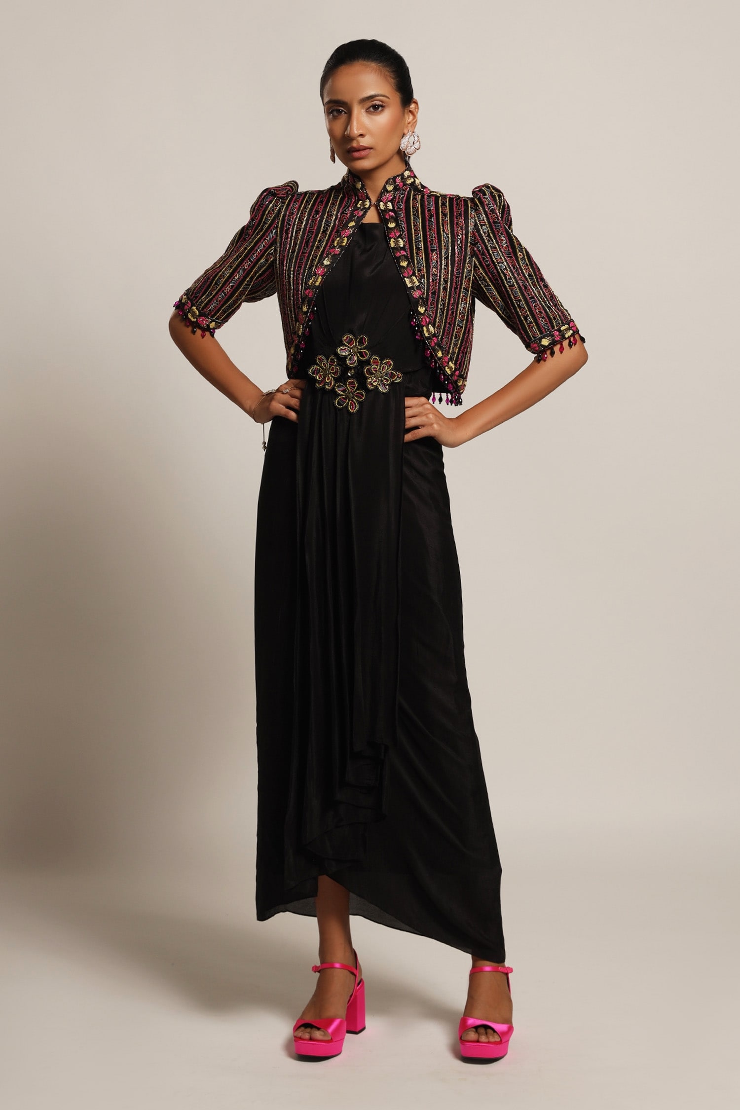 Buy Sejal Kamdar Black Gajji Silk Draped Dress With Short Jacket Online ...