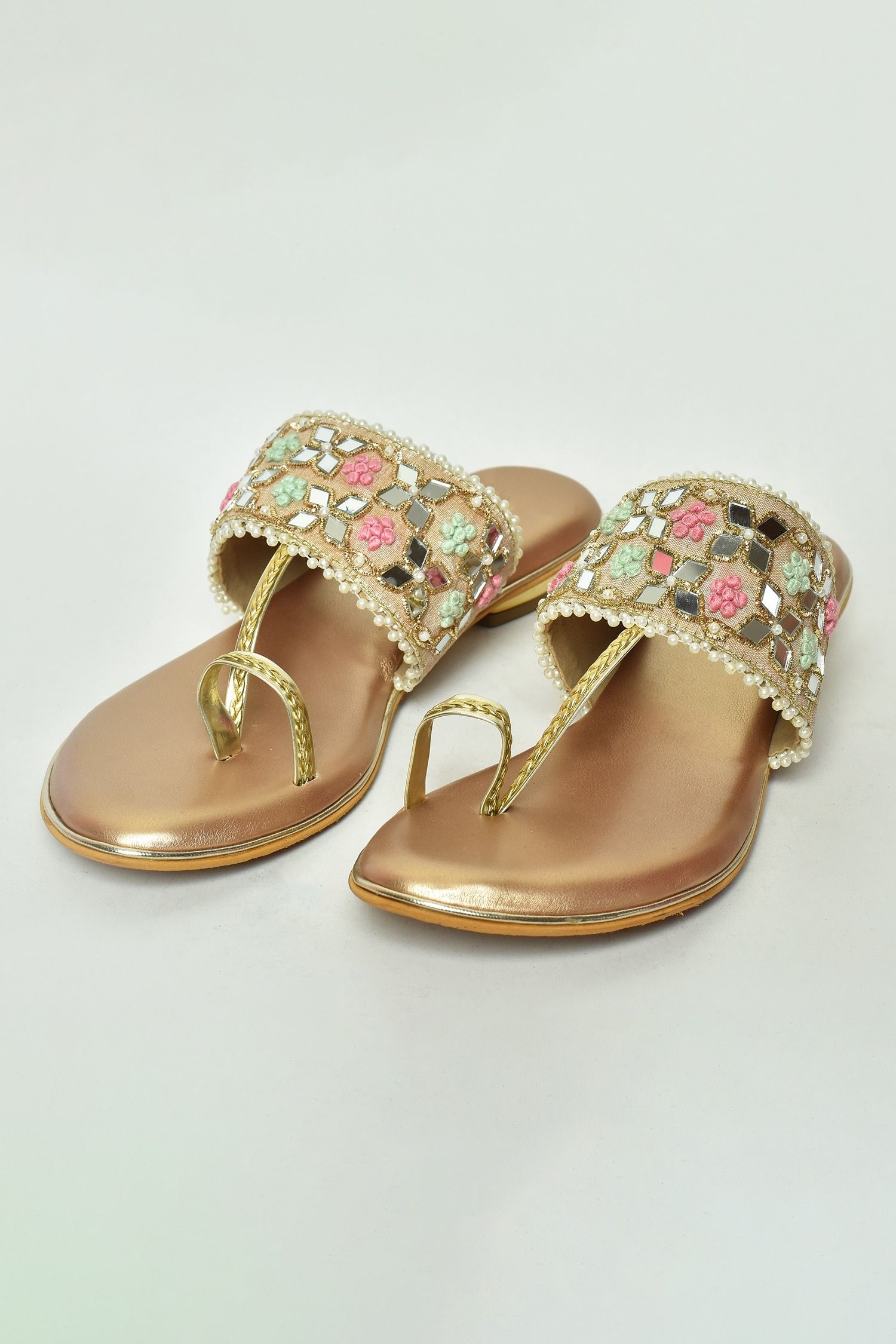 Nayaab by Aleezeh Brown Leather Bead And Mirror Embellished Kolhapuri Heels