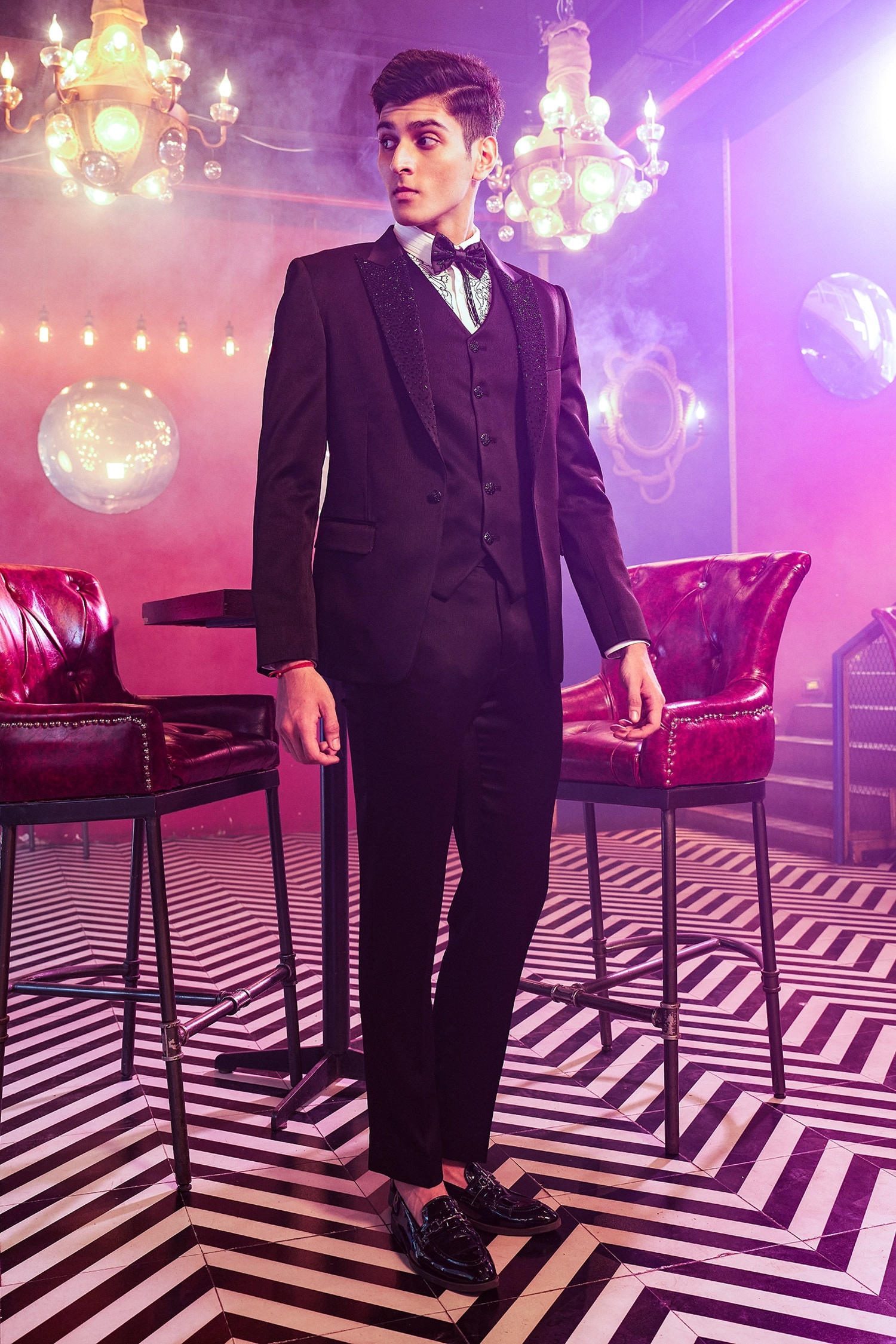 Buy Black Satin Embellished Peak Lapel Tuxedo Suit Set For Men by Kora