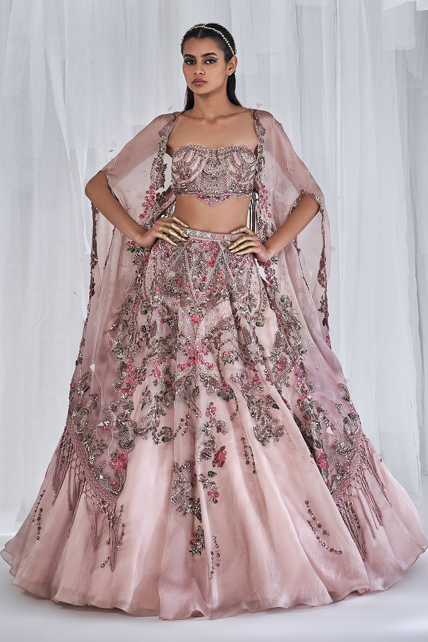 Buy Pink Organza Embroidery Zardozi Rosalie Cape And Sequin Lehenga Set