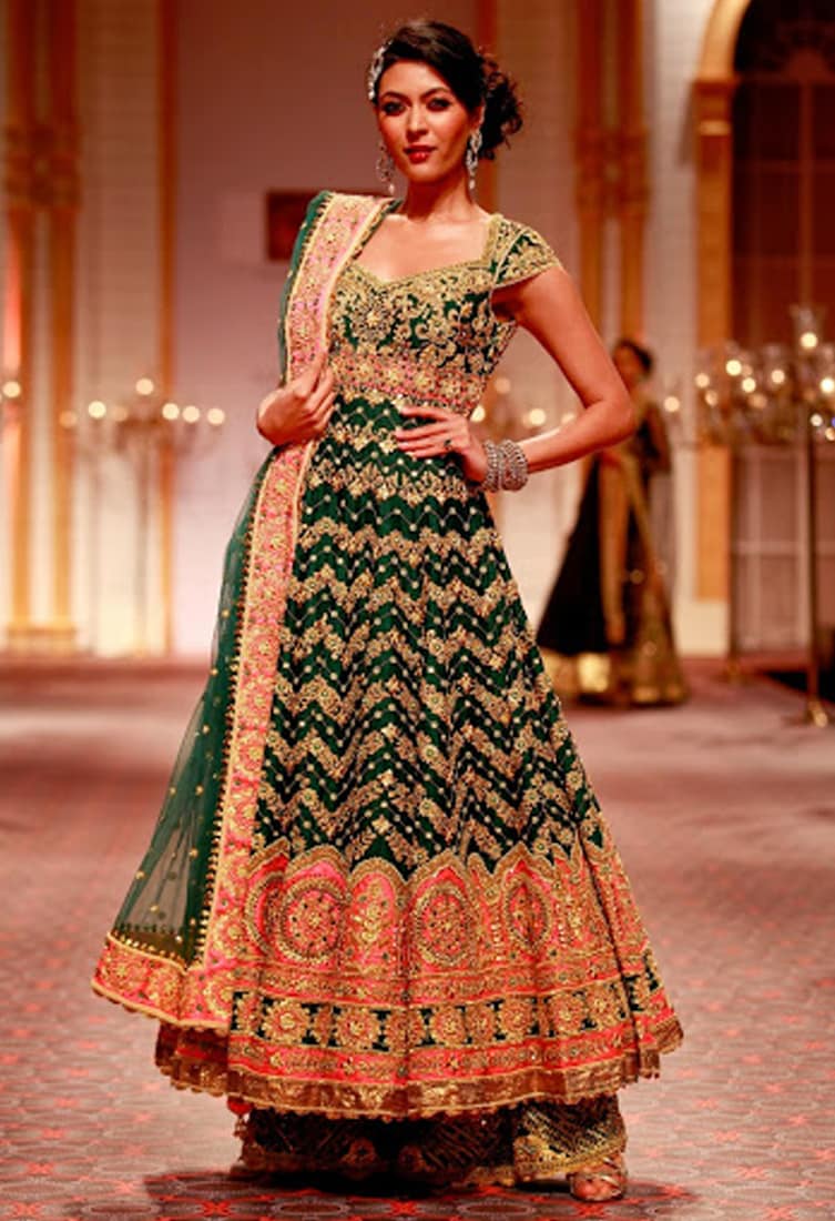 Preeti S Kapoor Emerald Green And Pink Embroidered Anarkali With Palazzos And Dupatta