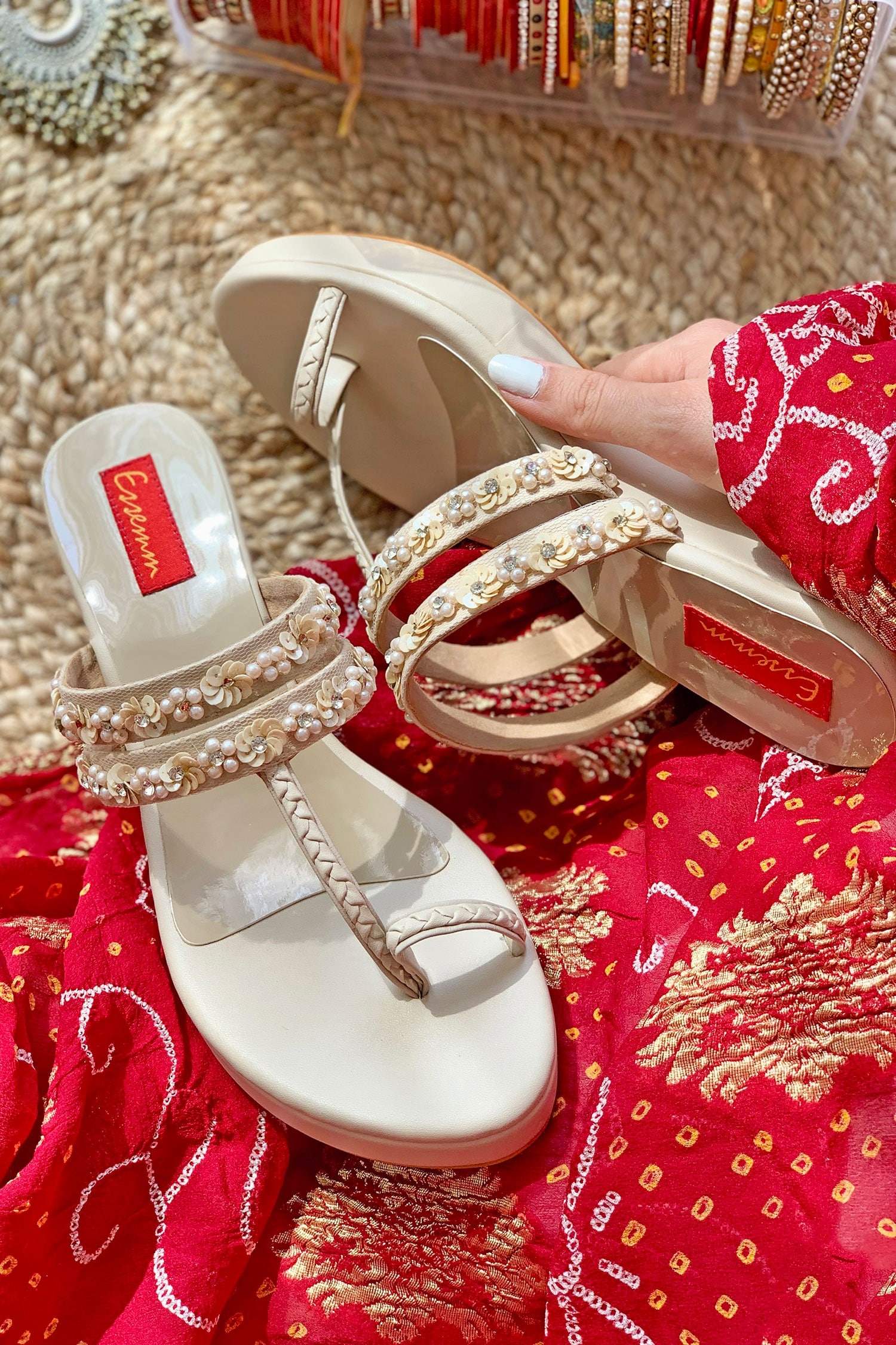 Buy Rajasthani Stuff Red Swan Velvet Block Heels Online | Aza Fashions