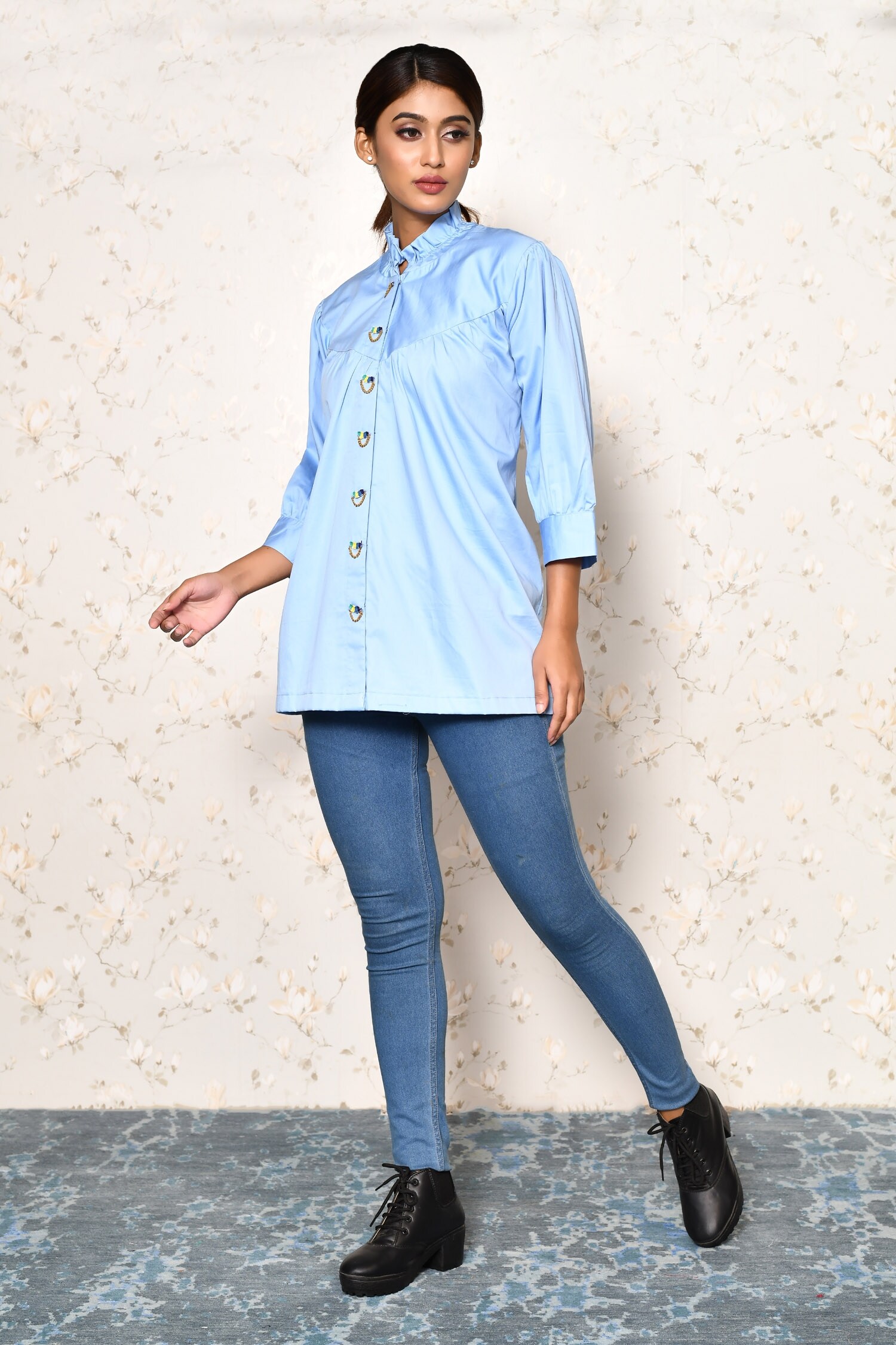 Buy Blue Cotton Embellished Chain Ruffle High Neck Collar Shirt For Women by Naintara Bajaj