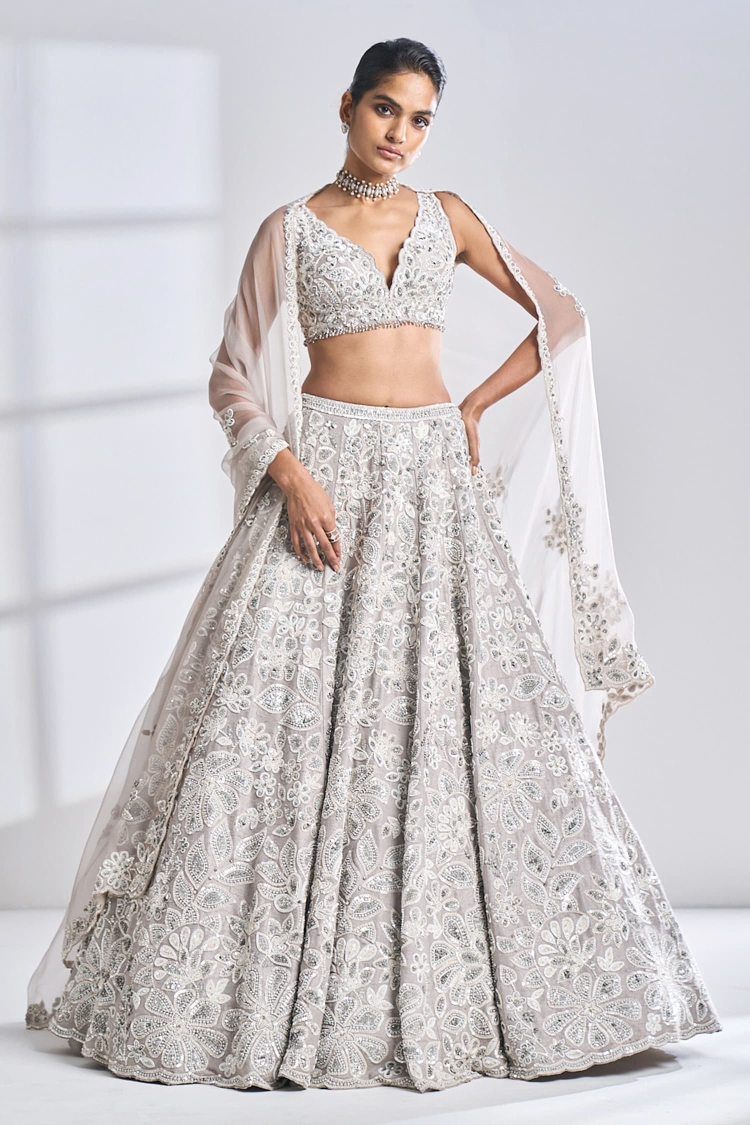 Buy Seema Gujral Grey Raw Silk Floral Pattern Lehenga Set Online | Aza ...