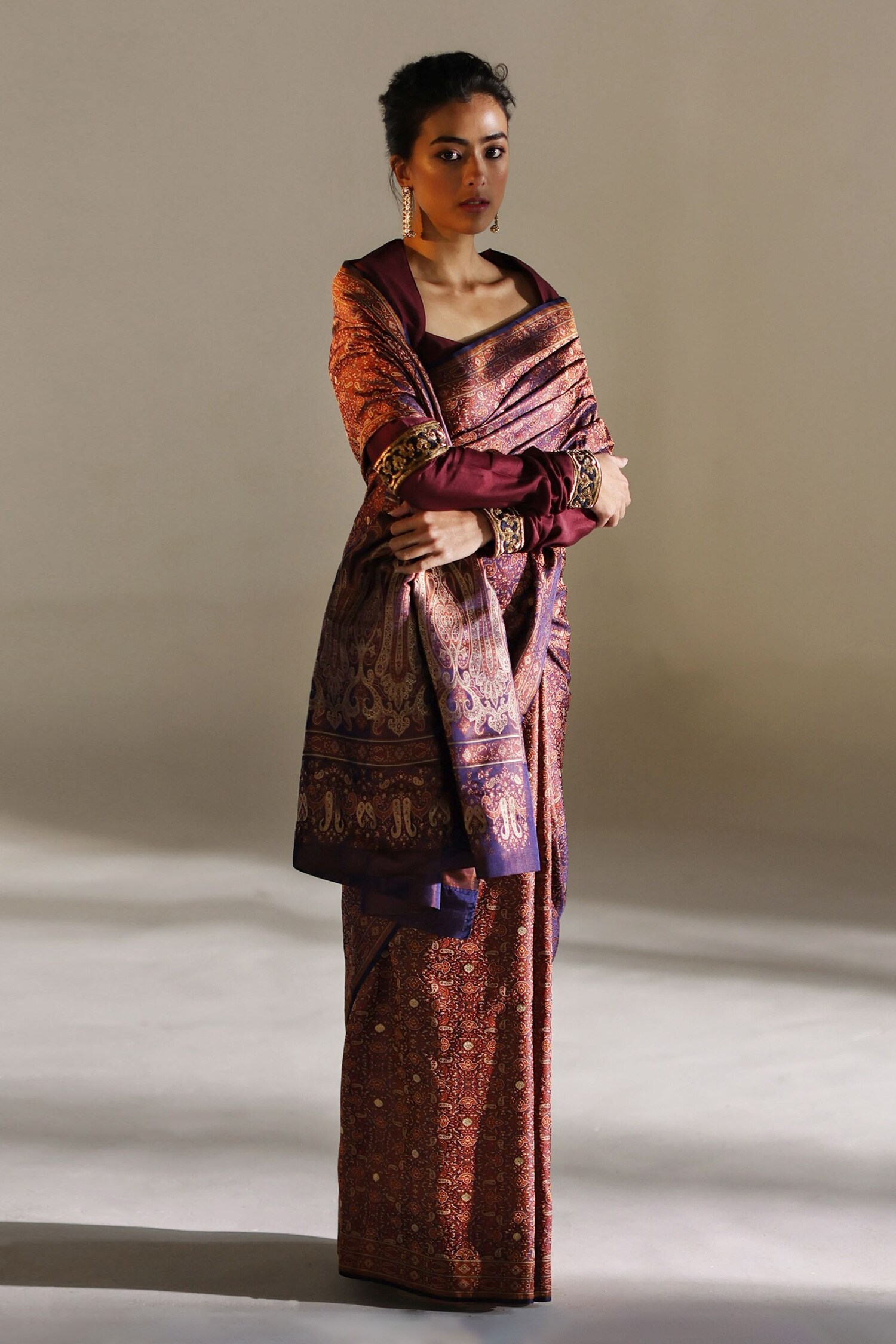 Mimamsaa Purple Celine Tanchoi Silk Saree With Unstitched Blouse Piece