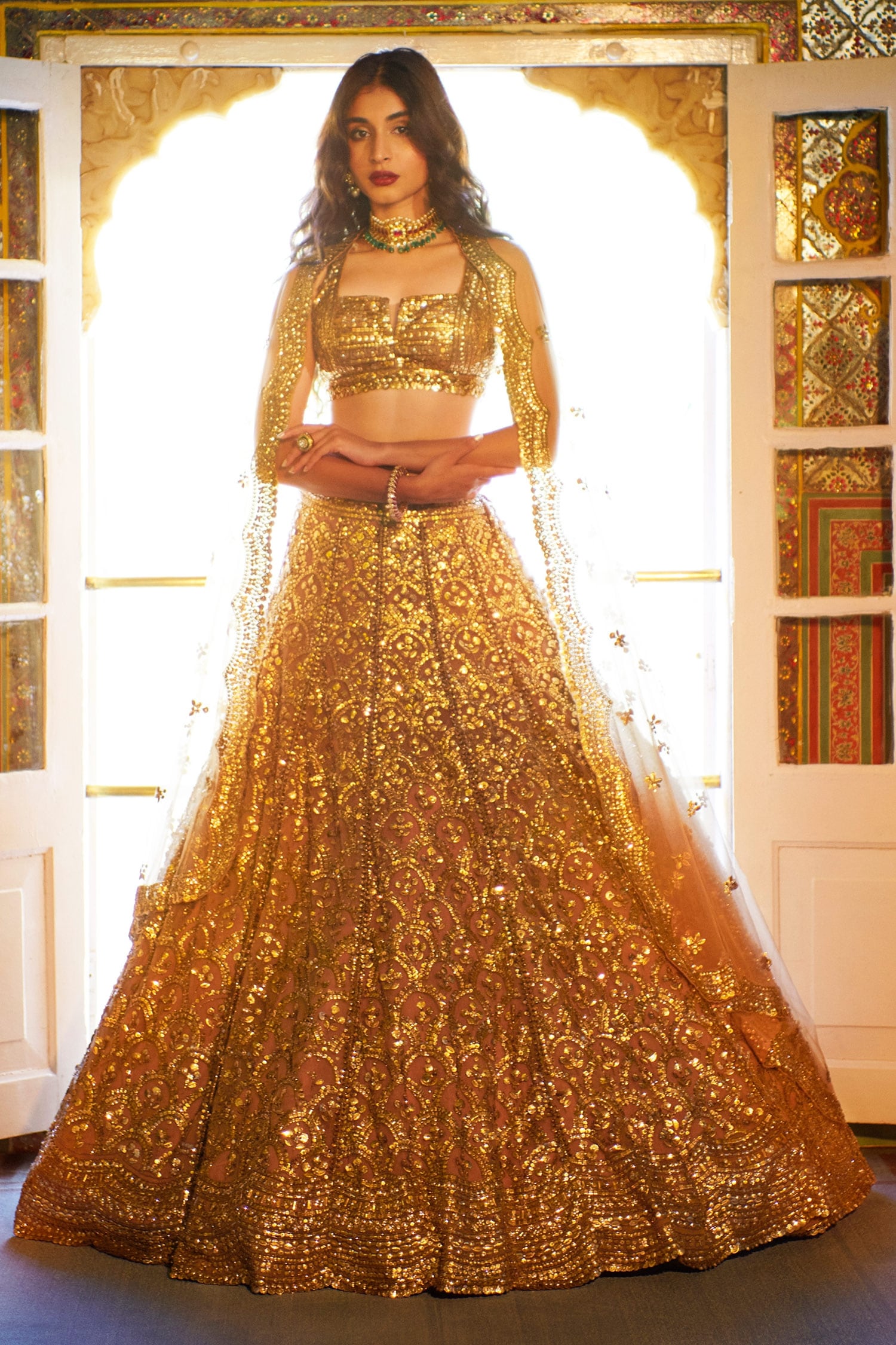 Buy Gold Net Embroidered Sequin Work Scallop Pattern Bridal Lehenga Set For Women By Seema