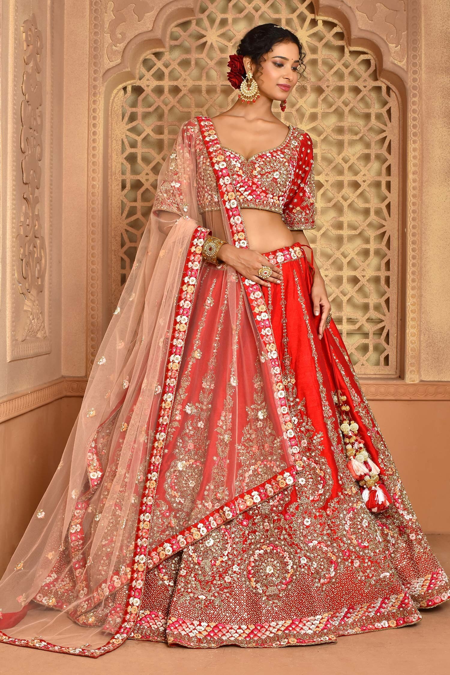 Buy Red Raw Silk Embroidered Floral V Neck Frozen Lehenga Set For Women