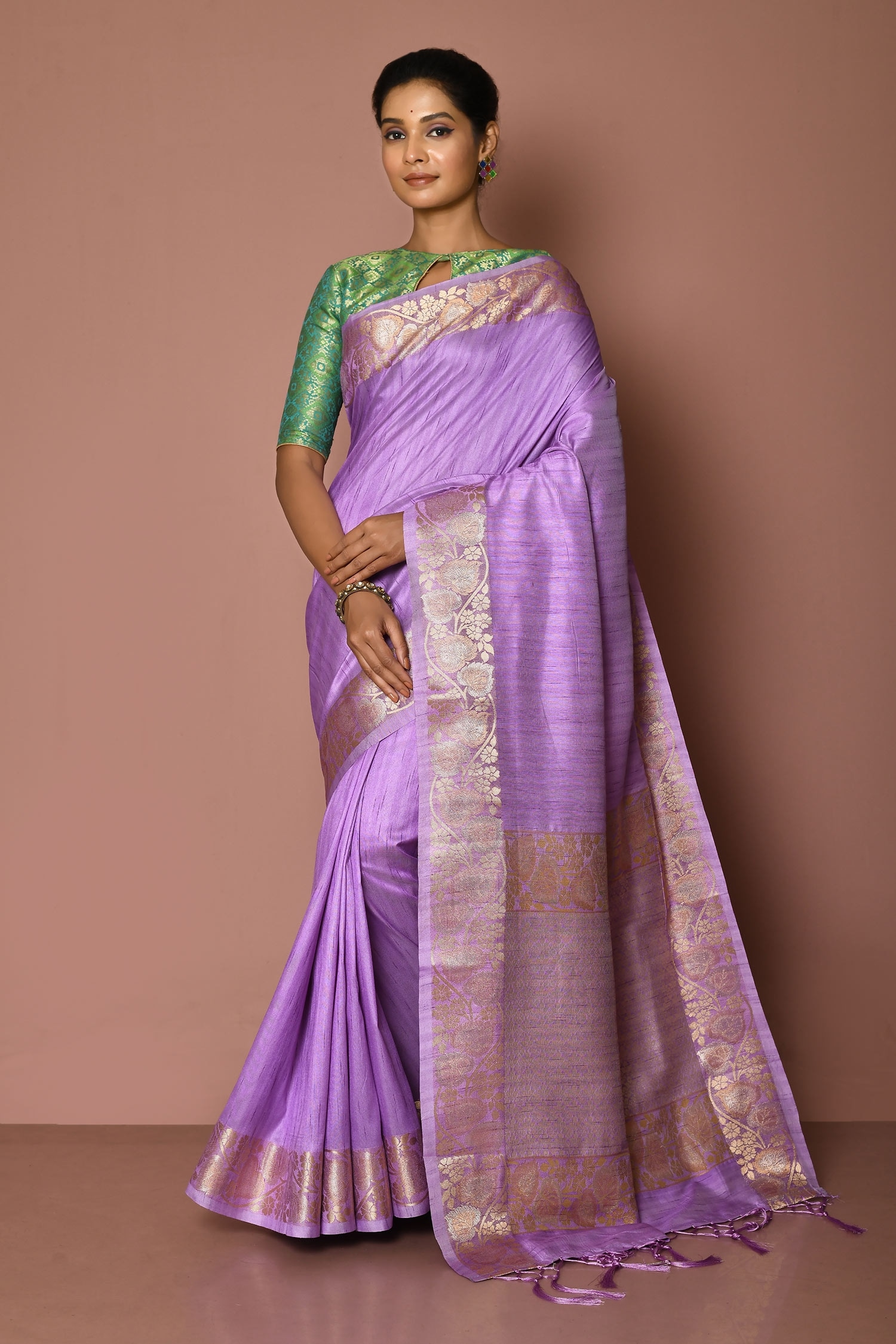 Samyukta Singhania Purple Tussar Silk Woven Floral Motifs And Leaf Border Saree For Women