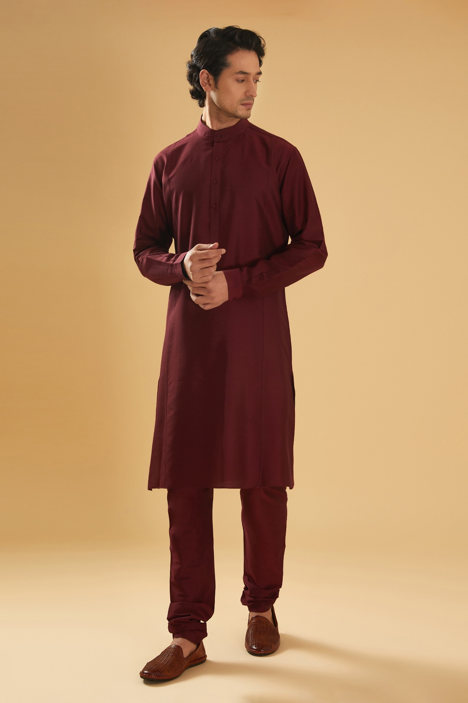 Buy Maroon Kurta And Chudidar Cotton Full Sleeve Set For Men by