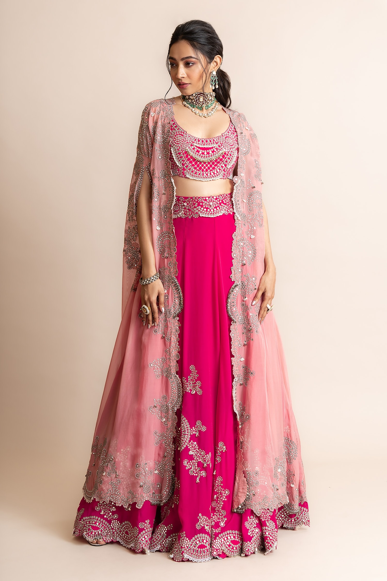 Nupur Kanoi Fuchsia Organza- Georgette Embroidery Floral Lehenga With Long Cape For Women